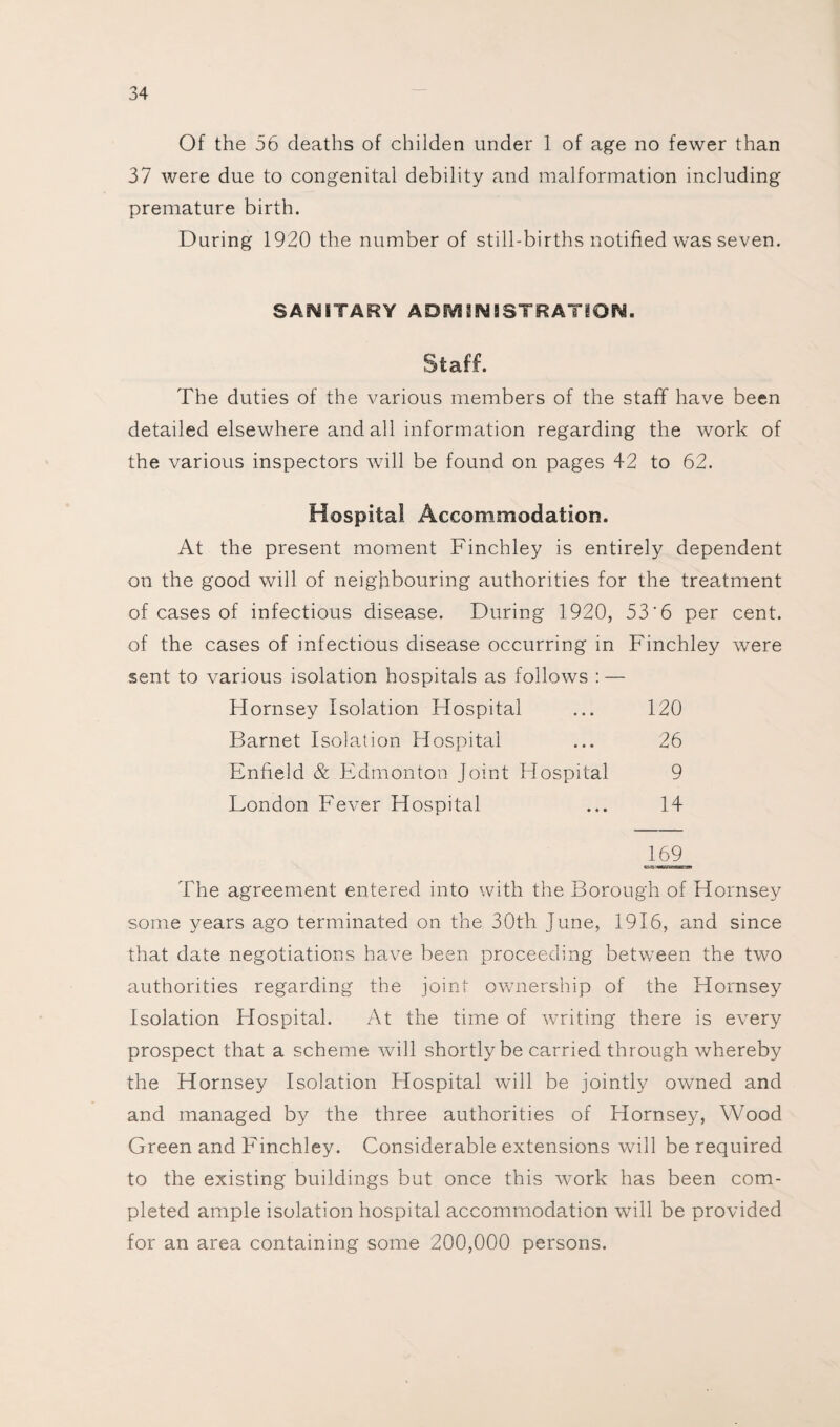 Of the 56 deaths of childen under 1 of age no fewer than 37 were due to congenital debility and malformation including premature birth. During 1920 the number of still-births notified was seven. SANITARY ADSV3 IN BSTRATIQN. Staff. The duties of the various members of the staff have been detailed elsewhere and all information regarding the work of the various inspectors will be found on pages 42 to 62. Hospital Accommodation. At the present moment Finchley is entirely dependent on the good will of neighbouring authorities for the treatment of cases of infectious disease. During 1920, 53'6 per cent, of the cases of infectious disease occurring in Finchley were sent to various isolation hospitals as follows : — Hornsey Isolation Hospital ... 120 Barnet Isolation Hospital ... 26 Enfield & Edmonton Joint Hospital 9 London Fever Hospital ... 14 169 The agreement entered into with the Borough of Hornsey some years ago terminated on the 30th June, 1916, and since that date negotiations have been proceeding between the two authorities regarding the joint ownership of the Hornsey Isolation Hospital. At the time of writing there is every prospect that a scheme will shortly be carried through whereby the Hornsey Isolation Hospital will be jointly owned and and managed by the three authorities of Hornsey, Wood Green and Finchley. Considerable extensions will be required to the existing buildings but once this work has been com¬ pleted ample isolation hospital accommodation will be provided for an area containing some 200,000 persons.