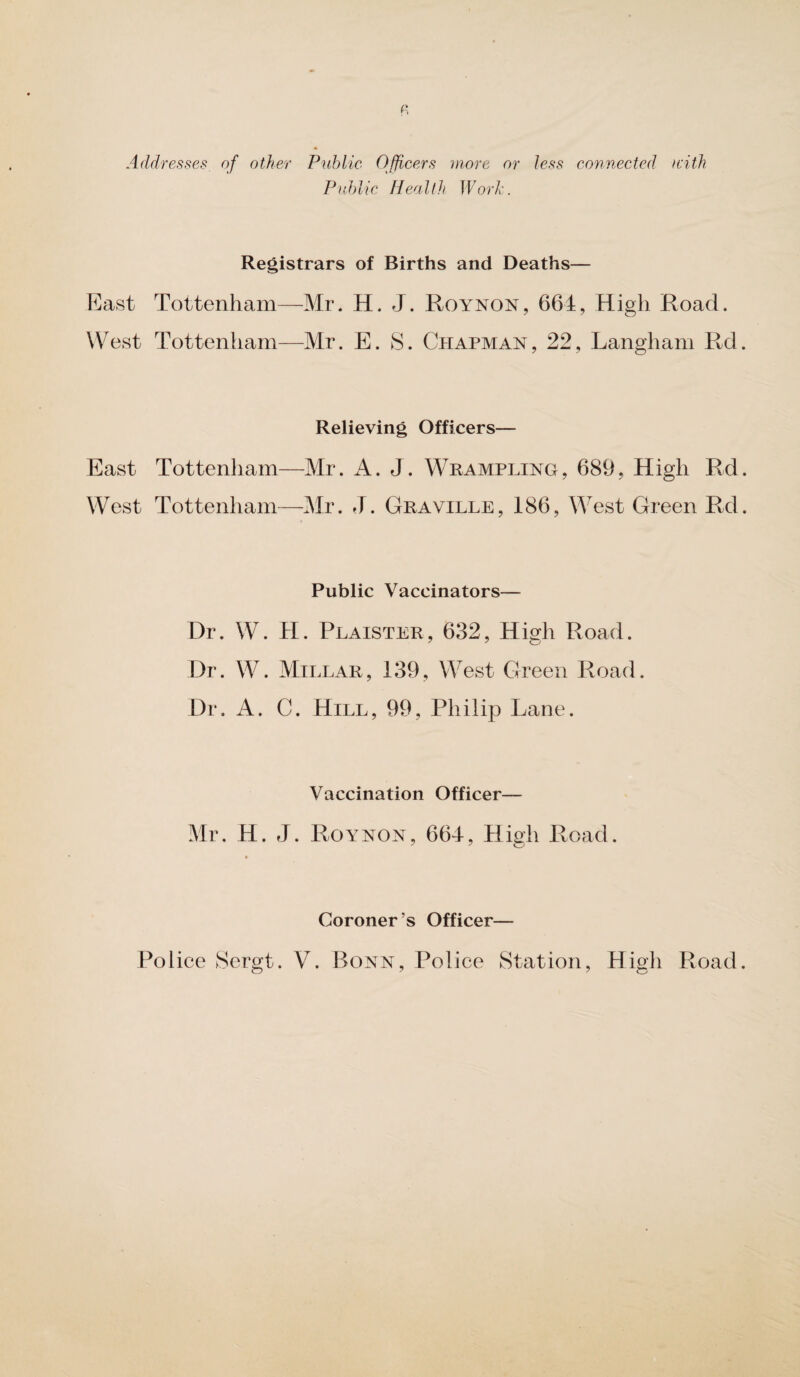 Addresses of other Public Officers more or less connected with Public Health Work. Registrars of Births and Deaths— East Tottenham—Mr. H. J. Roynon, 664, High Road. West Tottenham—Mr. E. S. Chapman, 22, Langham Rd. Relieving Officers— East Tottenham—Mr. A. J. Wrampling, 689, High Rd. West Tottenham—Mr. J. Graville, 186, West Green Rd. Public Vaccinators— Dr. W. H. Plaister, 632, High Road. Dr. W. Millar, 139, West Green Road. Dr. A. C. Hill, 99, Philip Lane. Vaccination Officer— Mr. H. J. Roynon, 664, High Road. Coroner’s Officer— Police Sergt. V. Bonn, Police Station, High Road.