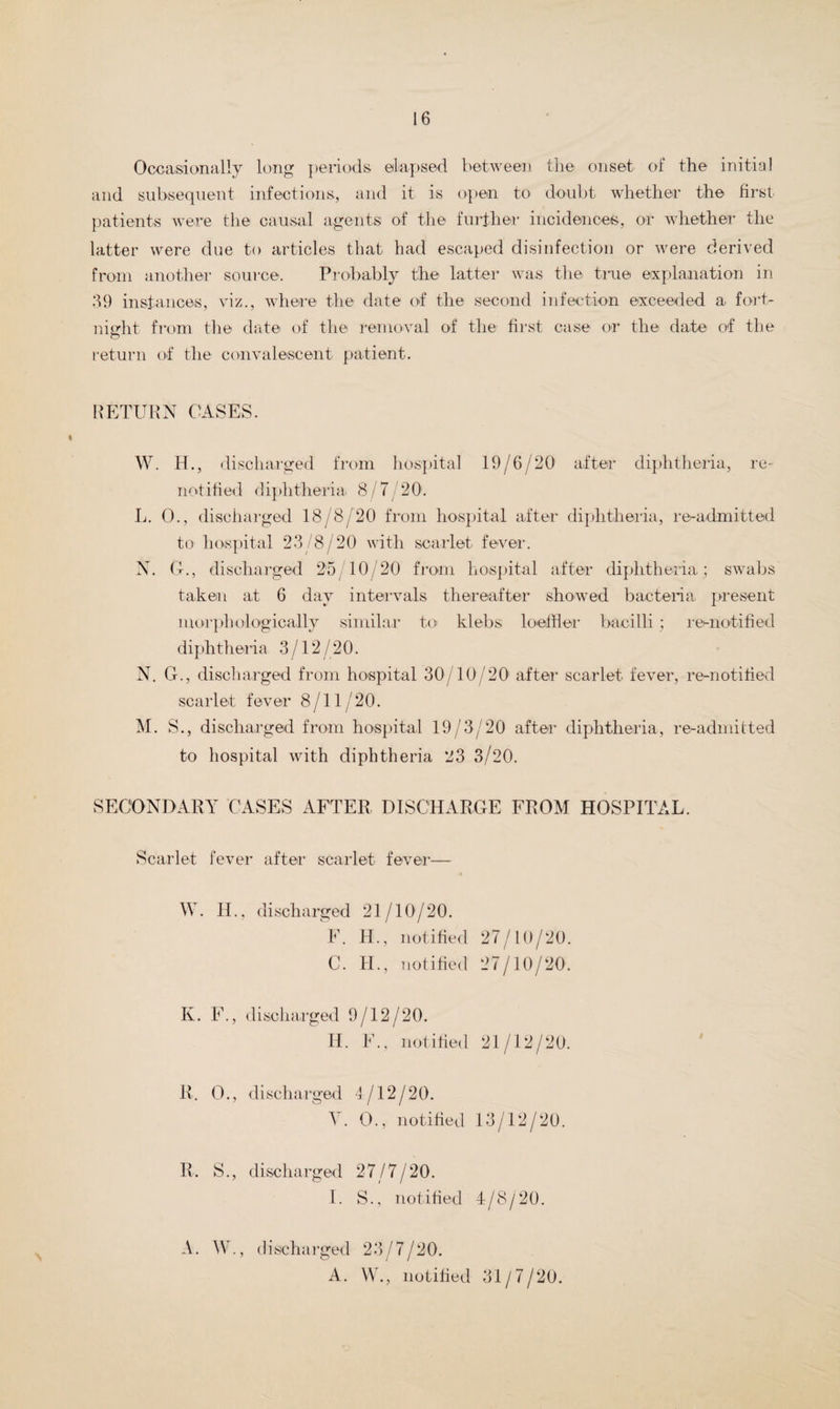 Occasionally long periods elapsed between the onset of the initial and subsequent infections, and it is open to doubt whether the first- patients were the causal agents of the further incidences, or whether the latter were due to articles that had escaped disinfection or were derived from another source. Probably the latter was the true explanation in 39 instances, viz., where the date of the second infection exceeded a fort¬ night from the date of the removal of the first case or the date of the return of the convalescent patient. RETURN CASES. W. H., discharged from hospital 19/6/20 after diphtheria, re- notified d iphtheria. 8/7 j 2 0. L. 0., discharged 18/8/20 from hospital after diphtheria, re-admitted to hospital 23/8/20 with scarlet fever. X. G., discharged 25/10/20 from hospital after diphtheria; swabs taken at 6 day intervals thereafter showed bacteria present morphologically similar to klebs loefiler bacilli; re-notified diphtheria 3/12/20. N. G., discharged from hospital 30/10/20 after scarlet fever, re-notified scarlet fever 8/11/20. M. S., discharged from hospital 19/3/20 after diphtheria, re-admitted to hospital with diphtheria 23 3/20. SECONDARY CASES AFTER DISCHARGE FROM HOSPITAL. Scarlet fever after scarlet fever— W. II.. discharged 21/10/20. F. H., notified 27/10/20. C. H., notified 27/10/20. K. F., discharged 9/12/20. II. F., notified 21/12/20. R. 0., discharged 4/12/20. V. O., notified 13/12/20. R. S., discharged 27/7/20. I. S., notified 4/8/20. A. W., d i scharged 23/7/20. A. W., notified 31/7/20.