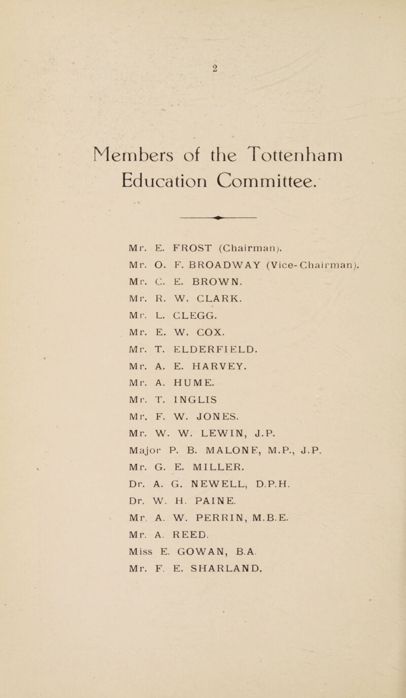 Members of the Tottenham Education Committee. Mr. E. FROST (Chairman). Mr. O. F. BROADWAY (Vice-Chairman). Mr. c. E. BROWN. Mr. R. W. CLARK. Mr. L. CLEGG. Mr. E. W. COX. Mr. T. ELDERFI ELD. M r. A. E. HARVEY. Mr. A. HUME. Mr. T. INGLIS Mr. F. W. JONES. Mr. W. W. LEWIN, J.P. Major P. B. MALONE, M.P., J.P. Mr. G. E. MILLER. Dr. A. G. NEWELL, D.P.H. Dr. W. H. PAINE. Mr. A. W. PERRIN, M.B.E. Mr. A. REED. Miss E. GOWAN, B. A Mr. F. E. SHARLAND.