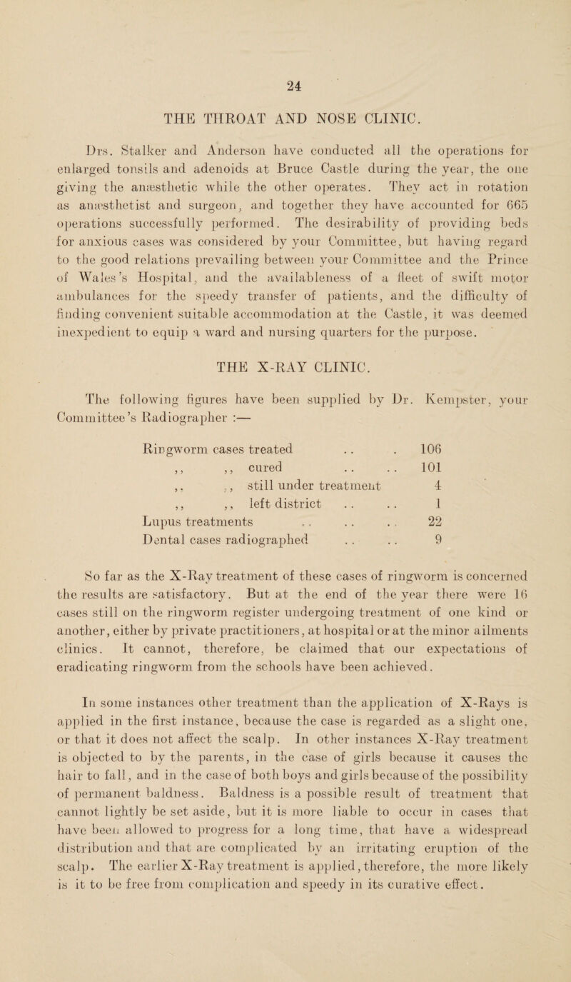 THE THROAT AND NOSE CLINIC. Drs. Stalker and Anderson have conducted all the operations for enlarged tonsils and adenoids at Bruce Castle during the year, the one giving the anaesthetic while the other operates. They act in rotation as anaesthetist and surgeon, and together they have accounted for 665 operations successfully performed. The desirability of providing beds for anxious cases was considered by your Committee, but having regard to the good relations prevailing between your Committee and the Prince of Wales’s Hospital, and the availableness of a fleet of swift motor ambulances for the speedy transfer of patients, and the difficulty of finding convenient suitable accommodation at the Castle, it was deemed inexpedient to equip a ward and nursing quarters for the purpose. THE X-RAY CLINIC. The following figures have been supplied by Dr. Kempster, your Committee’s Radiographer :— Ringworm cases treated .. . 106 ,, ,, cured .. . . 101 ,, still under treatment 4 ,, ,, left district .. .. 1 Lupus treatments . . . . . . 22 Dental cases radiographed . . . . 9 So far as the X-Ray treatment of these cases of ringworm is concerned the results are satisfactory. But at the end of the year there were 16 cases still on the ringworm register undergoing treatment of one kind or another, either by private practitioners, at hospital or at the minor ailments clinics. It cannot, therefore, be claimed that our expectations of eradicating ringworm from the schools have been achieved. In some instances other treatment than the application of X-Rays is applied in the first instance, because the case is regarded as a slight one, or that it does not affect the scalp. In other instances X-Ray treatment is objected to by the parents, in the case of girls because it causes the hair to fall, and in the case of both boys and girls because of the possibility of permanent baldness. Baldness is a possible result of treatment that cannot lightly be set aside, but it is more liable to occur in cases that have been allowed to progress for a long time, that have a widespread distribution and that are complicated by an irritating eruption of the scalp. The earlier X-Ray treatment is applied, therefore, the more likely is it to be free from complication and speedy in its curative effect.