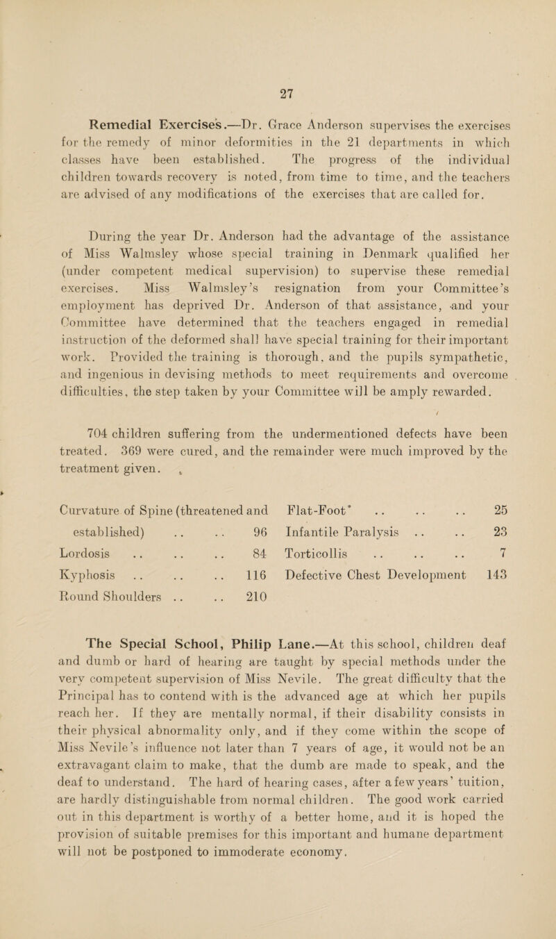 Remedial Exercises.—Dr. Grace Anderson supervises the exercises for the remedy of minor deformities in the 21 departments in which classes have been established. The progress of the individual children towards recovery is noted, from time to time, and the teachers are advised of any modifications of the exercises that are called for. During the year Dr. Anderson had the advantage of the assistance of Miss Walmsley whose special training in Denmark qualified her (under competent medical supervision) to supervise these remedial exercises. Miss Walmsley’s resignation from your Committee’s employment has deprived Dr. Anderson of that assistance, -and your Committee have determined that the teachers engaged in remedial instruction of the deformed shall have special training for their important work. Provided the training is thorough, and the pupils sympathetic, and ingenious in devising methods to meet requirements and overcome difficulties, the step taken by your Committee will be amply rewarded. 704 children suffering from the undermentioned defects have been treated. 369 were treatment given. cured, and the remainder were much improved by the Curvature of Spine (threatened and Flat-Foot 25 established) 96 Infantile Paralysis 23 Lordosis 84 Torticollis 7 Kyphosis Round Shoulders 116 210 Defective Chest Development 143 The Special School, Philip Lane.—At this school, children deaf and dumb or hard of hearing are taught by special methods under the very competent supervision of Miss Nevile. The great difficulty that the Principal has to contend with is the advanced age at which her pupils reach her. If they are mentally normal, if their disability consists in their physical abnormality only, and if they come within the scope of Miss Nevile’s influence not later than 7 years of age, it would not be an extravagant claim to make, that the dumb are made to speak, and the deaf to understand. The hard of hearing cases, after a few years’ tuition, are hardly distinguishable from normal children. The good work carried out in this department is worthy of a better home, and it is hoped the provision of suitable premises for this important and humane department will not be postponed to immoderate economy.