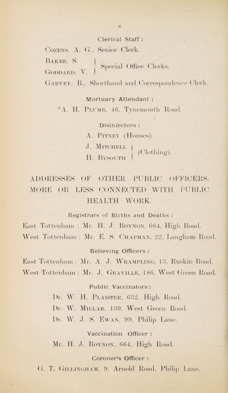 Clerical Staff : Cozens, A. G., Senior Clerk. Baker, S. ) ■ Special Office Clerks. Goddard, V. j Garvey, It., Shorthand and Correspondence Clerk. Mortuary Attendant : #A. H. Plumb, 46, Tynemouth Road. Disinfectors : A. Pitney (Houses). J. Mitchell | , (Clothing). H. Bysouth I ADDRESSES OF OTHER PUBLIC OFFICERS, MORE OR LESS CONNECTED WITH PUBLIC HEALTH WORK. Registrars of Births and Deaths : East Tottenham : Mr. H. J. Roynon. 664, High Road. West Tottenham Mr. E. S. Chapman, 22, Langham Road East Tottenham : West Tottenham Relieving Officers : Mr. A. J. Wrampling, 16, Ruskin Road. Mr. J. Graville, 1 86, West Green Road Public Vaccinators : Dr. W. H. Plaister, 632, High Road. Dr. • W. M T Li j A R. 13 9, W est Gree i i Roa < 1. Dr. W. J. S. Ewan, 99, Philip Lane. Vaccination Officer : Mr. H. 4. Roynon. 664, High Road. © Coroner’s Officer : G. T. Gillingham, 9, Arnold Road, Philip Lane.