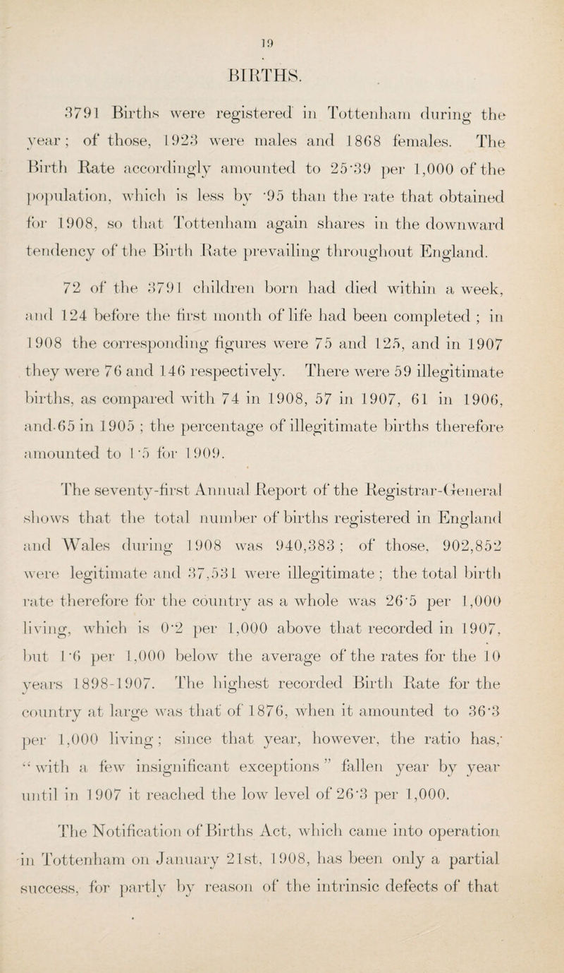 BIRTHS. 3791 Births were registered in Tottenham during the year; of those, 1923 were males and 1868 females. The Birth Rate accordingly amounted to 25*39 per 1,000 of the population, which is less by *95 than the rate that obtained for 1908, so that Tottenham again shares in the downward tendency of the Birth Rate prevailing throughout England. 72 of the 3791 children born had died within a week, and 124 before the first month of life had been completed ; in 1908 the corresponding figures were 75 and 125, and in 1907 they were 76 and 146 respectively. There were 59 illegitimate births, as compared with 74 in 1908, 57 in 1907, 61 in 1906, and-65 in 1905 ; the percentage of illegitimate births therefore amounted to 1*5 for 1909. The seventy-first Annual Report of the Registrar-General shows that the total number of births registered in England and Wales during 1908 was 940,383 ; of those, 902,852 were legitimate and 37,531 were illegitimate; the total birth rate therefore for the country as a whole was 26*5 per 1,000 living, which is 0*2 per 1,000 above that recorded in 1907, but 1*6 per 1,000 below the average of the rates for the 10 years 1898-1907. The highest recorded Birth Rate for the country at large was that of 1876, when it amounted to 36*3 per 1,000 living; since that year, however, the ratio has,* “ with a few insignificant exceptions ” fallen year by year until in 1907 it reached the low level of 26*3 per 1,000. The Notification of Births Act, which came into operation dn Tottenham on January 21st, 1908, has been only a partial success, for partly by reason of the intrinsic defects of that