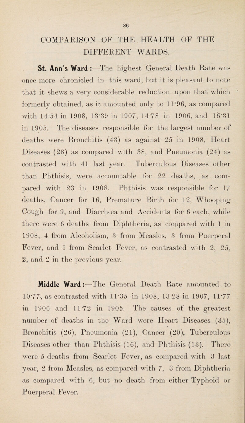 COMPARISON OF THE HEALTH OF THE DIFFERENT WARDS. St. Ann’s Ward :—The highest General Death Rate was once more chronicled in this ward, but it is pleasant to note that it shews a very considerable reduction upon that which formerly obtained, as it amounted only to 11*96, as compared with 14*54 in 1908, 13*39 in 1907, 14*78 in 1906, and 16*31 in 1905. The diseases responsible for the largest number of deaths were Bronchitis (43) as against 25 in 1908, Heart Diseases (28) as compared with 38, and Pneumonia (24) as contrasted with 41 last year. Tuberculous Diseases other than Phthisis, were accountable for 22 deaths, as com¬ pared with 23 in 1908. Phthisis was responsible for 17 deaths, Cancer for 16, Premature Birth for 12, Whooping Cough for 9, and Diarrhoea and Accidents for 6 each, while there were 6 deaths from Diphtheria, as compared with 1 in 1908, 4 from Alcoholism, 3 from Measles, 3 from Puerperal Fever, and I from Scarlet Fever, as contrasted with 2, 25, 2, and 2 in the previous year. Middle Ward:—The General Death Rate amounted to 10*77, as contrasted with 11*35 in 1908, 13 28 in 1907, 11*77 in 1906 and 11*72 in 1905. The causes of the greatest number of deaths in the Ward were Heart Diseases (35), Bronchitis (26), Pneumonia (21), Cancer (20), Tuberculous Diseases other than Phthisis (16), and Phthisis (13). There were 5 deaths from Scarlet Fever, as compared with 3 last year, 2 from Measles, as compared with 7, 3 from Diphtheria as compared with 6, but no death from either Typhoid or Puerperal Fever.