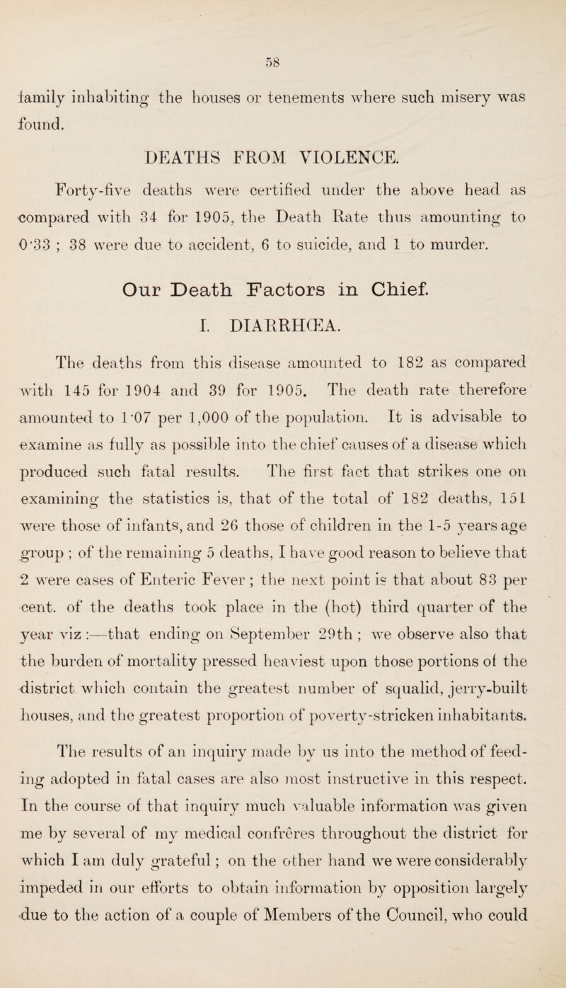 family inhabiting the houses or tenements where such misery was found. DEATHS FROM VIOLENCE. Forty-five deaths were certified under the above head as compared with 34 for 1905, the Death Rate thus amounting to 0*33 ; 38 were due to accident, 6 to suicide, and 1 to murder. Our Death. Factors in Chief. I. DIARRHOEA. The deaths from this disease amounted to 182 as compared with 145 for 1904 and 39 for 1905. The death rate therefore amounted to 1*07 per 1,000 of the population. It is advisable to examine as fully as possible into the chief causes of a disease which produced such fatal results. The first fact that strikes one on examining the statistics is, that of the total of 182 deaths, 151 were those of infants, and 26 those of children in the 1-5 years age group ; of the remaining 5 deaths, I have good reason to believe that 2 were cases of Enteric Fever ; the next point is that about 83 per cent, of the deaths took place in the (hot) third quarter of the year viz :—that ending on September 29th ; we observe also that the burden of mortality pressed heaviest upon those portions ol the district which contain the greatest number of squalid, jerry-built houses, and the greatest proportion of poverty-stricken inhabitants. The results of an inquiry made by us into the method of feed¬ ing adopted in fatal cases are also most instructive in this respect. In the course of that inquiry much valuable information was given me by several of my medical confreres throughout the district for which I am duly grateful; on the other hand we were considerably impeded in our efforts to obtain information by opposition largely due to the action of a couple of Members of the Council, who could