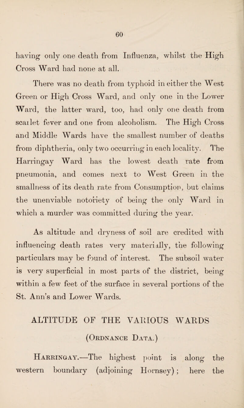 having only one death from Influenza, whilst the High Cross Ward had none at all. There was no death from typhoid in either the West Green or High Cross Ward, and only one in the Lower Ward, the latter ward, too, had only one death from scarlet fever and one from alcoholism. The High Cross and Middle Wards have the smallest number of deaths from diphtheria, only two occurring in each locality. The Harringay Ward has the lowest death rate from pneumonia, and comes next to West Green in the smallness of its death rate from Consumption, but claims the unenviable notoriety of being the only Ward in which a murder was committed during the year. As altitude and dryness of soil are credited with influencing death rates very materially, the following particulars may be found of interest. The subsoil water is very superficial in most parts of the district, being within a few feet of the surface in several portions of the St. Ann’s and Lower Wards. ALTITUDE OF THE VARIOUS WARDS (Ordnance Data.) Harringay.—The highest point is along the western boundary (adjoining Hornsey) ; here the