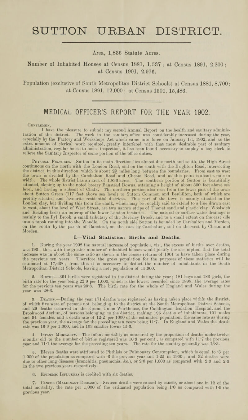 SUTTON URBAN DISTRICT. Area, 1,836 Statute Acres. Number of Inhabited Houses at Census 1881, 1,537 ; at Census 1891, 2,200 ; at Census 1901, 2,976. Population (exclusive of South Metropolitan District Schools) at Census 1881, 8,700; at Census 1891, 12,000 ; at Census 1901, 15,486. MEDICAL OFFICER’S REPORT FOR THE YEAR 1902. GeN'TLKMEV, I have the pleasure to submit my second Annual Report on the health and sanitary adminis¬ tration of the district. The work in the sanitary office was considerably increased during the year, especially by the Factory and Workshops Act which came into force on January 1st, 1902, and as the extra amount of clerical work required, greatly interfered with that most desirable part of sanitary administration, regular house to house inspection, it has been found necessary to employ a boy clerk to relieve the Sanitary Inspector of some portion of the office duties. Physical Features.—Sutton in its main direction lies almost due north and south, the High Street continuous on the north with the London Road, and on the south with the Brighton Road, intersecting the district in this direction, which is about 2f miles long between the boundaries. From east to west the town is divided by the Carshalton Road and Cheam Road, and at this point is about a mile in width. The whole district has an area of 1,836 acres. The southern portion of Sutton is beautifully situated, sloping up to the noted breezy Banstead Dowms, attaining a height of about 300 feet above sea level, and having a subsoil of Chalk. The northern portion also rises from the lower part of the town about Sutton Green (117 feet above sea level) to Sutton Common and Beidiilton, both of which are prettily situated and favourite residential districts. This part of the town is mainly situated on the London clay, but dividing this from the chalk, which may be roughly said to extend to a line drawn east to west, about the level of West Street, are two narrow strips of Thanet sand and plastic clay (Woolwich and Reading beds) an outcrop of the lower London tertiaries. The natural or surface water drainage is mainly to the Pyl Brook, a small tributai’y of the Beverley Brook, and to a small extent on the east side into a brook running into the Wandle. On the north side Sutton is bounded by Carshalton and Morden, on the south by the parish of Banstead, on the east by Carshalton, and on the west by Cheam and Morden. I.—Vital Statistics: Births and Deaths. 1. During the year 1902 the natural increase of population, viz., the excess of births over deaths, was 193 ; this, Avith the greater number of inhabited houses would justify the assumption that the total increase was in about the same ratio as shewn in the census returns of 1901 to have taken place during the previous ten years. Therefore the gross population for the purposes of these statistics will be estimated at 17,638 ; from this it is necessary to deduct the number of inhabitants in the South Metropolitan District Schools, leaving a nett population of 15,900. 2. Births.—364 births were registered in the district during the year; 181 boys and 183 girls, the birth rate for the year being 22-9 per 1,000, Avhich is the loAvest recorded since 1898, the average rates for the previous ten years Avas 23*8. The birth rate for the Avhole of England and Wales during the year was 28-6. 3. Deaths.—During the year 171 deaths Avere registered as having taken place Avithin the district, of Avhich five Avere of persons not belonging to the district at the South Metropolitan District Schools, and 29 deaths occurred in the Epsom Union Workhouse, the Cuddington Isolation Hospital, and the BrookAvood Asylum, of persons belonging to the district, making 195 deaths of inhabitants, 101 males and 94 females, and a death rate of 12‘2 per 1000 of the estimated population, the same rate as during the previous year, the average for the preceding ten years being 11‘7. In England and Wales the death rate was 16*3 per 1,000, and in 103 smaller toAvns 15*3. 4. Infant Mortality.—The infant mortality as measured by the proportion of deaths under twelA'e months’ old to the number of births registered Avas 10*9 per cent., as compared Avith 11*7 the previous year and 11*1 the average for the preceding ten years. The rate for the country generally was 18*3. 5. Eleven deaths Avere attributed to Phthisis or Pulmonary Consumption, Avhich is equal to *6 per 1,000 of the population as compared Avith *6 the previous year and 1*25 in 1900 ; and 82 deaths AV'ere due to other lung diseases (broncliitis, pneumonia, &c.), or 2*0 per 1.000 as compared with 2*3 and 2*0 in the two previous years respectively. 6. Epidemic Influenza is credited Avith six deaths. 7. Cancer (Malignant Disease).—Sixteen deaths were caused by cancer, or about one in 12 of the total mortality, the rate per 1,000 of the estimated population being 1*0 as compared Avith 1*9 the previous year.