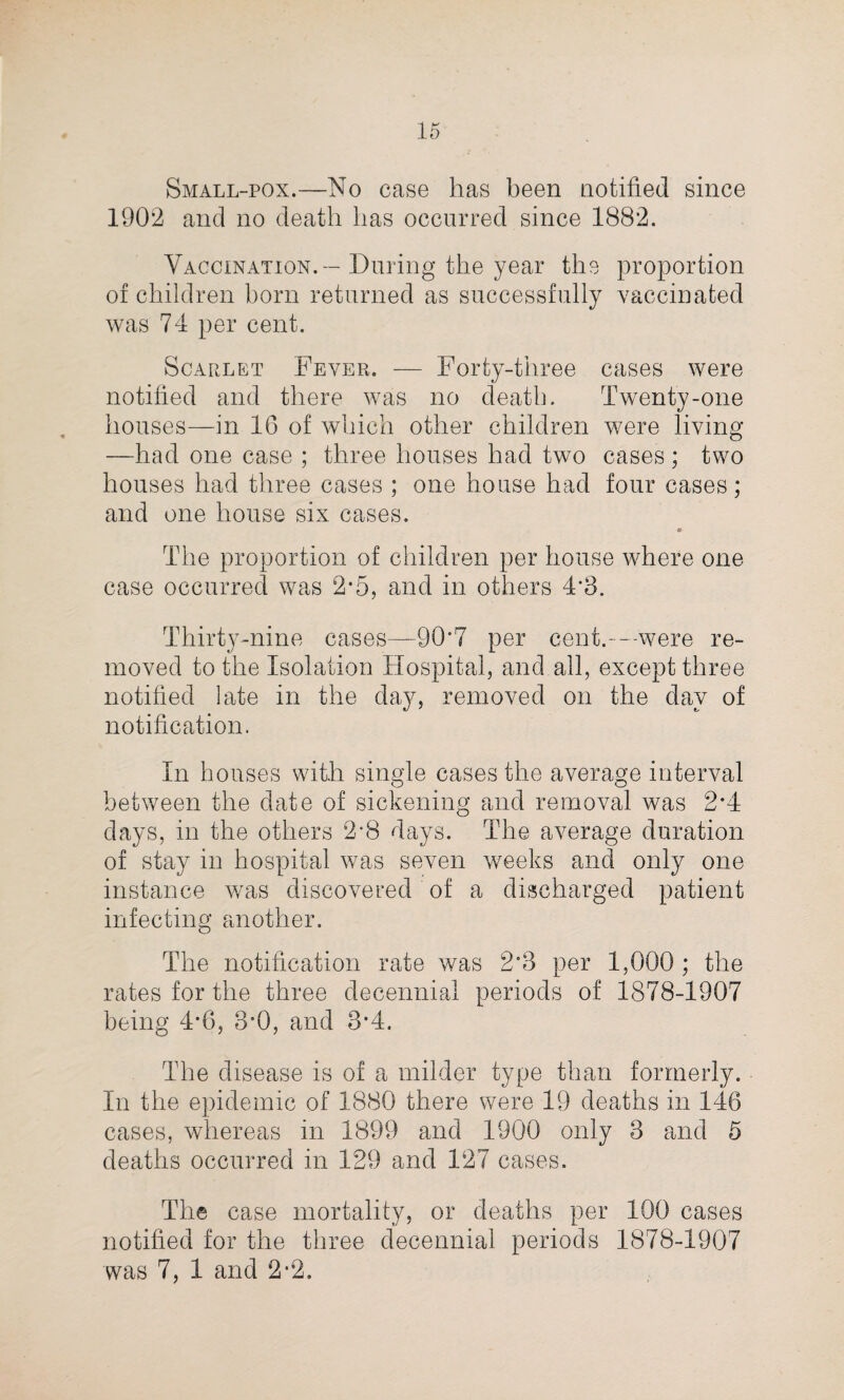 Small-pox.—No case has been notified since 1902 and no death has occurred since 1882. Vaccination.—During the year the proportion of children born returned as successfully vaccinated was 74 per cent. Scarlet Fever. — Forty-three cases were notified and there was no death. Twenty-one houses—in 16 of which other children were living —had one case ; three houses had two cases ; two houses had three cases ; one house had four cases; and one house six cases. The proportion of children per house where one case occurred was 2*5, and in others 4‘8. Thirty-nine cases—90*7 per cent.-—were re¬ moved to the Isolation Hospital, and all, except three notified late in the day, removed on the day of notification. In houses with single cases the average interval between the date of sickening and removal was 2*4 days, in the others 2‘8 days. The average duration of stay in hospital was seven weeks and only one instance was discovered of a discharged patient infecting another. The notification rate was 2*8 per 1,000 ; the rates for the three decennial periods of 1878-1907 being 4-6, 8*0, and 8*4. The disease is of a milder type than formerly. In the epidemic of 1880 there were 19 deaths in 146 cases, whereas in 1899 and 1900 only 3 and 5 deaths occurred in 129 and 127 cases. The case mortality, or deaths per 100 cases notified for the three decennial periods 1878-1907 was 7, 1 and 2*2.