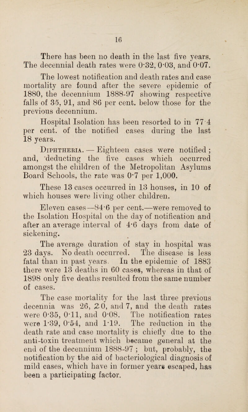 There has been no death in the last five years. The decennial death rates were 0*32, 0*03, and 0*07. The lowest notification and death rates and case mortality are found after the severe epidemic of 1880, the decennium 1888-97 showing respective falls of 35. 91, and 86 per cent, below those for the previous decennium. Hospital Isolation has been resorted to in 77*4 per cent, of the notified cases during the last 18 years. Diphtheria. — Eighteen cases were notified ; and, ‘deducting the live cases which occurred amongst the children of the Metropolitan Asylums Board Schools, the rate was 0*7 per 1,000. These 13 cases occurred in 13 houses, in 10 of which houses were living other children. Eleven cases—84*6 per cent.—were removed to the Isolation Hospital on the day of notification and after an average interval of 4*6 days from date of sickening. The average duration of stay in hospital was 23 days. No death occurred. The disease is less fatal than in past years. In the epidemic of 1883 there were 13 deaths in 60 cases, whereas in that of 1898 only five deaths resulted from the same number of cases. The case mortality for the last three previous decennia was 26, Z 0, and 7, and the death rates were 0*35, 0*11, and 0*08. The notification rates were 1*39, 0*54, and 1*19. The reduction in the death rate and case mortality is chiefly due to the anti-toxin treatment which became general at the end of the decennium 1888-97 ; but, probably, the notification by the aid of bacteriological diagnosis of mild cases, which have in former years escaped, has been a participating factor.