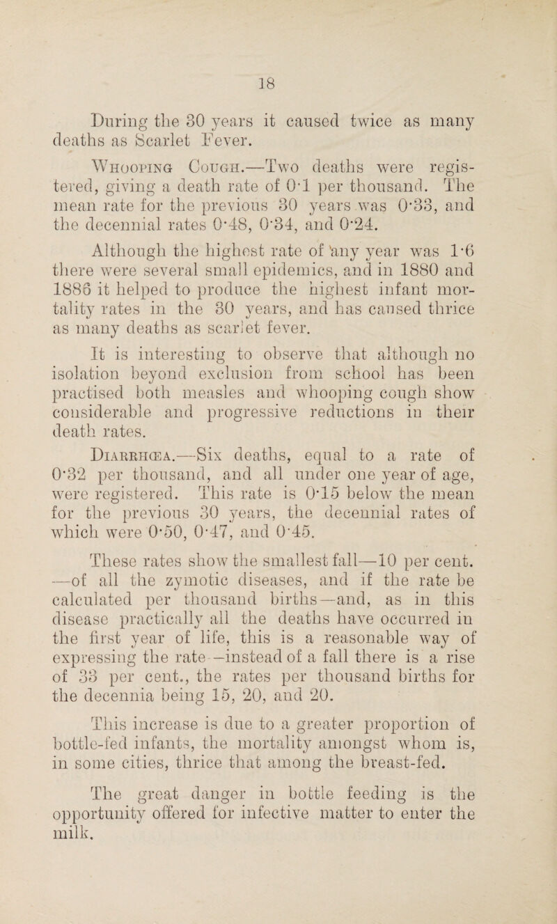 During the 80 years it caused twice as many deaths as Scarlet Fever. Whooping Cough.—Two deaths were regis¬ tered, giving a death rate of 0*1 per thousand. The mean rate for the previous 80 years was 0*33, and the decennial rates 0*48, 0*34, and 0*24. Although the highest rate of 'any year was 1*6 there were several small epidemics, and in 1880 and 1886 it helped to produce the highest infant mor¬ tality rates in the 30 years, and has caused thrice as many deaths as scarlet fever. It is interesting to observe that although no isolation beyond exclusion from school has been practised both measles and whooping cough show considerable and progressive reductions in their death rates. Diarrhcea.—Six deaths, equal to a rate of 0*32 per thousand, and all under one year of age, were registered. This rate is 0*15 below the mean for the previous 30 years, the decennial rates of which were 0*50, 0*47, and 0*45. These rates show the smallest fall—10 per cent, -of all the zymotic diseases, and if the rate be calculated per thousand births—and, as in this disease practically all the deaths have occurred in the first year of life, this is a reasonable way of expressing the rate —instead of a fall there is a rise of 33 per cent., the rates per thousand births for the decennia being 15, 20, and 20. This increase is due to a greater proportion of bottle-fed infants, the mortality amongst whom is, in some cities, thrice that among the breast-fed. The great danger in bottle feeding* is the opportunity offered for infective matter to enter the milk.