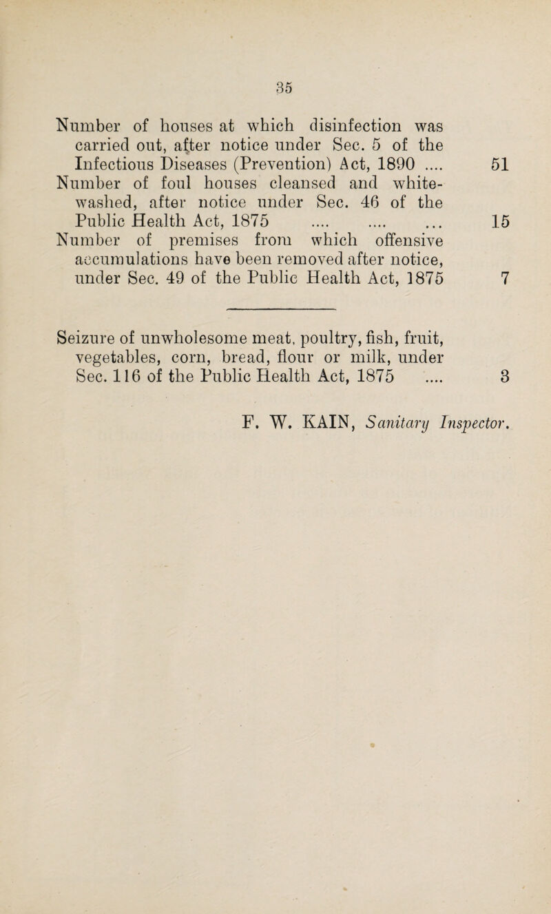 Number of houses at which disinfection was carried out, after notice under Sec. 5 of the Infectious Diseases (Prevention) Act, 1890 .... 51 Number of foul houses cleansed and white¬ washed, after notice under Sec. 46 of the Public Health Act, 1875 .... .... ... 15 Number of premises from which offensive accumulations have been removed after notice, under Sec. 49 of the Public Health Act, 1875 7 Seizure of unwholesome meat, poultry, fish, fruit, vegetables, corn, bread, flour or milk, under Sec. 116 of the Public Health Act, 1875 .... 8 F. W. KAIN, Sanitary Inspector.