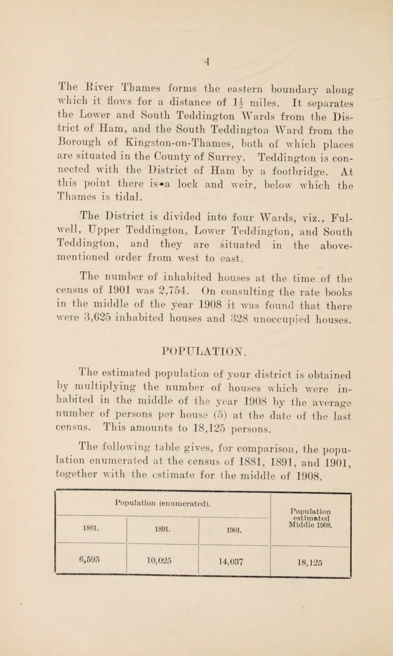 Hie River 1 Lames forms tlie eastern boundary along1 which, it flows for a distance of If miles. It separates the Lower and South Teddington Wards from the Dis¬ trict of Ham, and the South Teddington Ward from the Borough of Kingston-on-Thames, both of which places are situated in the County of Surrey. Teddington is con¬ nected with the District of Ham by a footbridge. At this point there is ♦a lock and weir, below which the Thames is tidal. The District is divided into four Wards, viz., Ful- well, Upper Teddington, Lower Teddington, and South Teddington, and they are situated in the above- mentioned order from west to east. The number of inhabited houses at the time of the census of 1901 was 2,754. On consulting the rate books in the middle of the year 1908 it was found that there were 3,625 inhabited houses and 328 unoccupied houses. POPULATION. The estimated population of your district is obtained by multiplying the number of houses which were in¬ habited in tlie middle of the year 1908 by the average number of persons per house (5) at the date of the last census. This amounts to 18,125 persons. Ihe following table gives, for comparison, the popu¬ lation enumerated at the census of 1881, 1891, and 1901, together with the estimate for Die middle of 1908. Population (enumerated). Population estimated Middle 1908. 1881. 1891. 1901. 6,595 10,025 14,037 18,125