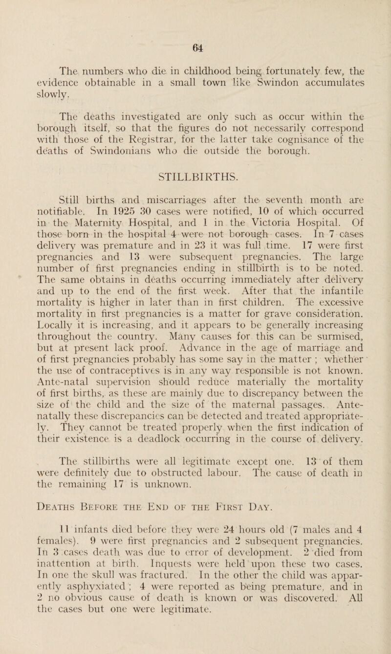 The numbers who die in childhood being, fortunately few, the evidence obtainable in a small town like Swindon accumulates slowly. The deaths investigated are only such as occur within the borough itself, so that the figures do not necessarily correspond with those of the Registrar, for the latter take cognisance of the deaths of Swindonians who die outside the borough. STILLBIRTHS. Still births and miscarriages after the seventh month are notifiable. In 1925 30 cases were notified, 10 of which occurred in the Maternity Hospital, and 1 in the Victoria Hospital. Of those born in the hospital 4 were not borough cases. In 7 cases delivery was premature and in 23 it was full time. 17 were first pregnancies and 13 were subsequent pregnancies. The large number of first pregnancies ending in stillbirth is to be noted. The same obtains in deaths occurring immediately after delivery and up to the end of the first week. After that the infantile mortality is higher in later than in first children. The excessive mortality in first pregnancies is a matter for grave consideration. Locally it is increasing, and it appears to be generally increasing throughout the country. Many causes for this can be surmised, but at present lack proof. Advance in the age of marriage and of first pregnancies probably has some say in the matter ; whether the use of contraceptives is in any way responsible is not known. Ante-natal supervision should reduce materially the mortality of first births, as these are mainly due to discrepancy between the size of the child and the size of the maternal passages. Ante- natally these discrepancies can be detected and treated appropriate¬ ly. They cannot be treated properly when the first indication of their existence is a deadlock occurring in the course of delivery. The stillbirths were all legitimate except one. 13 of them were definitely due to obstructed labour. The cause of death in the remaining 17 is unknown. Deaths Before the End of the First Day. II infants died before they were 24 hours old (7 males and 4 females). 9 were first pregnancies and 2 subsequent pregnancies. In 3 cases death was due to error of development. 2 died from inattention at birth. Inquests were held upon these two cases. In one the skull was fractured. In the other the child was appar¬ ently asphyxiated ; 4 were reported as being premature, and in 2 no obvious cause of death is known or was discovered. All the cases but one were legitimate.