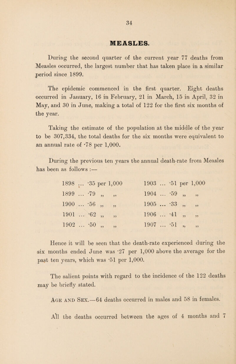 MEASLES. During the second quarter of the current year 77 deaths from -Measles occurred, the largest number that has taken place in a similar period since 1899. The epidemic commenced in the first quarter. Eight deaths occurred in January, 16 in February, 21 in March, 15 in April, 32 in May, and 30 in June, making a total of 122 for the first six months of the year. Taking the estimate of the population at the middle of the year to be 307,334, the total deaths for the six months were equivalent to an annual rate of *78 per 1,000. During the previous ten years the annual death-rate from Measles has been as follov^s :— 1898 ... '35 per 1,000 1903 ... •51 per 1,000 1899 ... •79 „ J1 1904 ... •59 55 95 1900 ... •56 „ J5 1905 ... •33 55 55 1901 ... •62 „ 55 1906 ... •41 55 55 1902 ... •50 „ 5) 1907 ... •51 55 55 Hence it will be seen that the death-rate experienced during the six months ended June was *27 per 1,000 above the average for the past ten years, which was *51 per 1,000. The salient points with regard to the incidence of the 122 deaths may be briefly stated. Age and Sex.—64 deaths occurred in males and 58 in females. All the deaths occurred between the ages of 4 months and 7