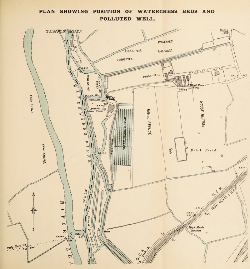 PLAN SHOWING POSITION OF WATERCRESS BEDS AND POLLUTED WELL