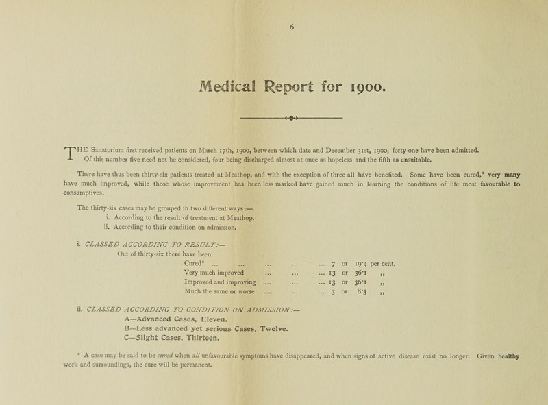 Medical Report for 1900. f j 'HE Sanatorium first received patients on March 17th, 1900, between which date and December 31st, 1900, forty-one have been admitted. Of this number five need not be considered, four being discharged almost at once as hopeless and the fifth as unsuitable. There have thus been thirty-six patients treated at Meathop, and with the exception of three all have benefited. Some have been cured,* very many have much improved, while those whose improvement has been less marked have gained much in learning the conditions of life most favourable to •consumptives. The thirty-six cases may be grouped in two different ways :— i. According to the result of treatment at Meathop. ii. According to their condition on admission, i. CLASSED ACCORDING TO RESULT:— Out of thirty-six there have been Cured* ... Very much improved Improved and improving Much the same or worse ii. CLASSED ACCORDING TO CONDITION ON ADMISSION:— A—Advanced Cases, Eleven. B—Less advanced yet serious Cases, Twelve. C—Slight Cases, Thirteen. * A case may be said to be cured when all unfavourable symptoms have disappeared, and when signs of active disease exist no longer. Given healthy work and surroundings, the cure will be permanent. 7 or 19-4 per cent, 13 or 36-1 >> 13 or 36-1 >> 3 or 8-3 ))