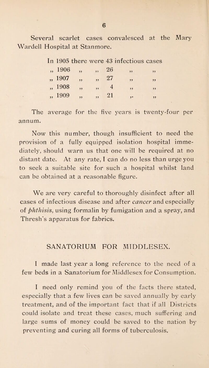 Several scarlet cases convalesced at the Mary Warded Hospital at Stanmore. In 1905 there were 43 infectious cases it 1906 a •> 5 26 a it 1907 a 5? 27 a a 1908 a 4 a a 1909 a 21 »• ti it it The average for the five years is twenty-four per annum. Now this number, though insufficient to need the provision of a fully equipped isolation hospital imme¬ diately, should warn us that one will be required at no distant date. At any rate, I can do no less than urge you to seek a suitable site for such a hospital whilst land can be obtained at a reasonable figure. We are very careful to thoroughly disinfect after all cases of infectious disease and after cancer and especially of phthisis, using formalin by fumigation and a spray, and Thresh's apparatus for fabrics. SANATORIUM FOR MIDDLESEX. I made last year a long reference to the need of a few beds in a Sanatorium for Middlesex for Consumption. I need only remind you of the facts there stated, especially that a few lives can be saved annually by early treatment, and of the important fact that if all Districts could isolate and treat these cases, much suffering and large sums of money could be saved to the nation by preventing and curing all forms of tuberculosis.