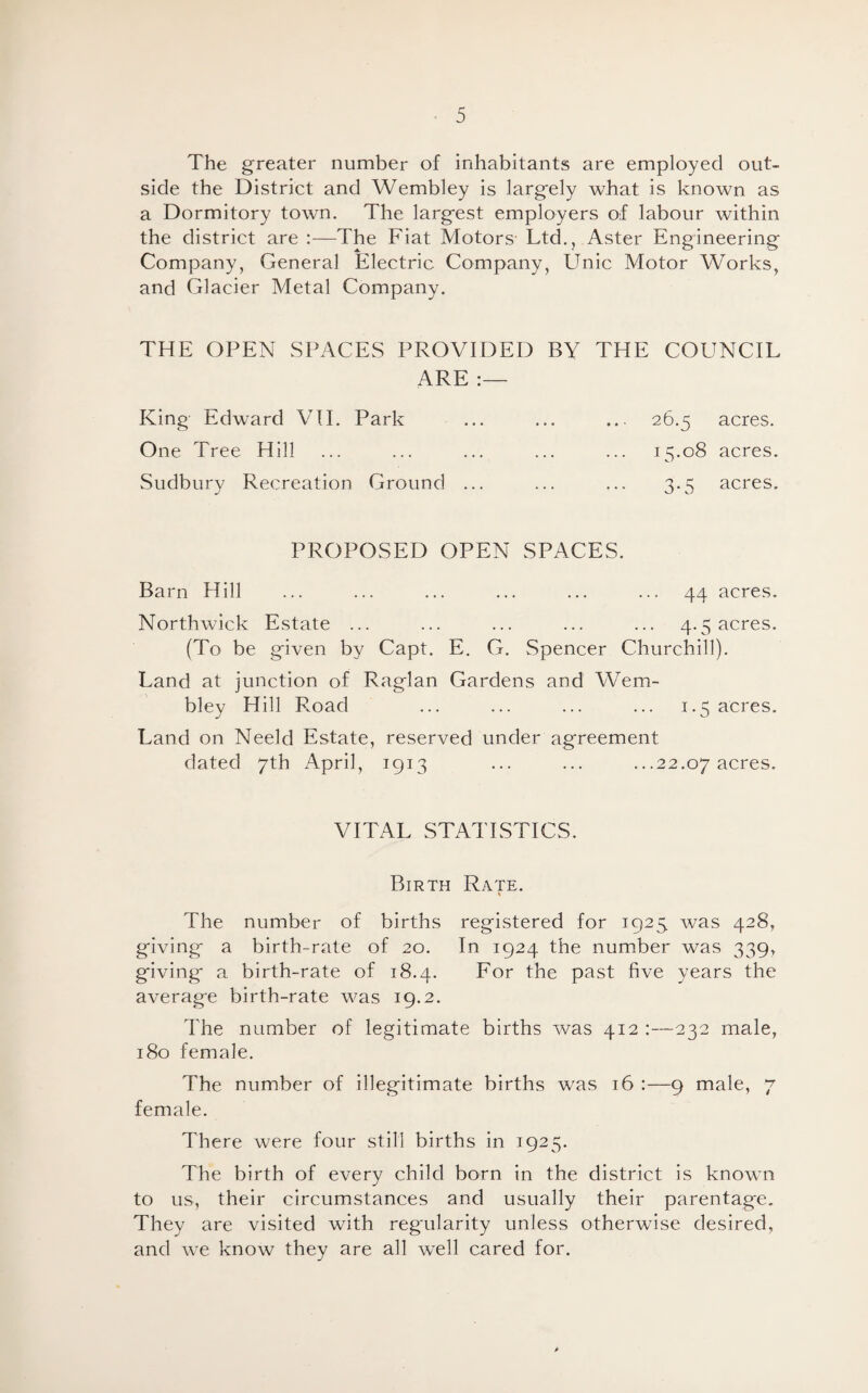 The greater number of inhabitants are employed out¬ side the District and Wembley is largely what is known as a Dormitory town. The largest employers of labour within the district are The Fiat Motors- Ltd., Aster Engineering Company, General Electric Company, Unic Motor Works, and Glacier Metal Company. THE OPEN SPACES PROVIDED BY THE COUNCIL ARE :— King Edward VII. Park 26.5 acres. One Tree Hill ... ... ... ... ... 15.08 acres. Sudbury Recreation Ground ... ... ... 3.5 acres. PROPOSED OPEN SPACES. Barn Hill ... ... ... ... ... ... 44 acres. Northwick Estate ... ... ... ... ... 4.5 acres. (To be given by Capt. E. G. Spencer Churchill). Land at junction of Raglan Gardens and Wem¬ bley Hill Road ... ... ... ... 1.5 acres. Land on Neeld Estate, reserved under agreement dated 7th April, 1913 ... ... ...22.07 acres. VITAL STATISTICS. Birth Rate. The number of births registered for 1925 was 428, giving a birth-rate of 20. In 1924 the number was 339, giving a birth-rate of 18.4. For the past five years the average birth-rate was 19.2. The number of legitimate births was 412 :—232 male, 180 female. The number of illegitimate births was 16 :—9 male, 7 female. There were four still births in 1925. The birth of every child born in the district is known to us, their circumstances and usually their parentage. They are visited with regularity unless otherwise desired, and we know they are all well cared for.