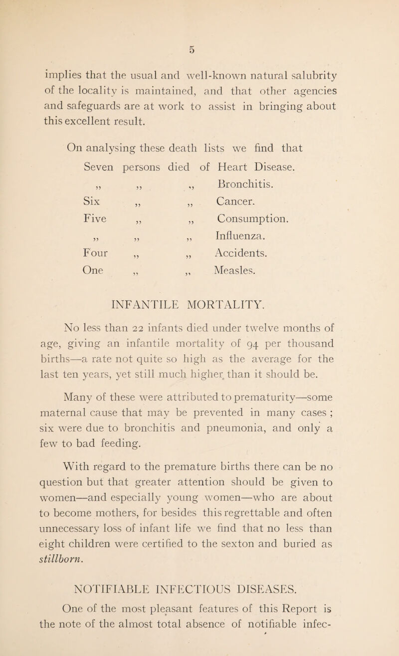 implies that the usual and well-known natural salubrity of the locality is maintained, and that other agencies and safeguards are at work to assist in bringing about this excellent result. On analysing these death lists we hnd that Seven persons died of Heart Disease. „ ,, ,, Bronchitis. Six Five Four One yy y y yy yy yy Cancer. Consumption. Influenza. Accidents. Measles. INFANTILE MORTALITY. No less than 22 infants died under twelve months of age, giving an infantile mortality of 94 per thousand births—a rate not quite so high as the average for the last ten years, yet still much higher than it should be. Many of these were attributed to prematurity—some maternal cause that may be prevented in many cases ; six were due to bronchitis and pneumonia, and only a few to bad feeding. With regard to the premature births there can be no question but that greater attention should be given to women—and especially young women—who are about to become mothers, for besides this regrettable and often unnecessary loss of infant life we hnd that no less than eight children were certified to the sexton and buried as stillhorn. NOTIFIABLE INFECTIOUS DISEASES. One of the most pleasant features of this Report is the note of the almost total absence of notihable infec-