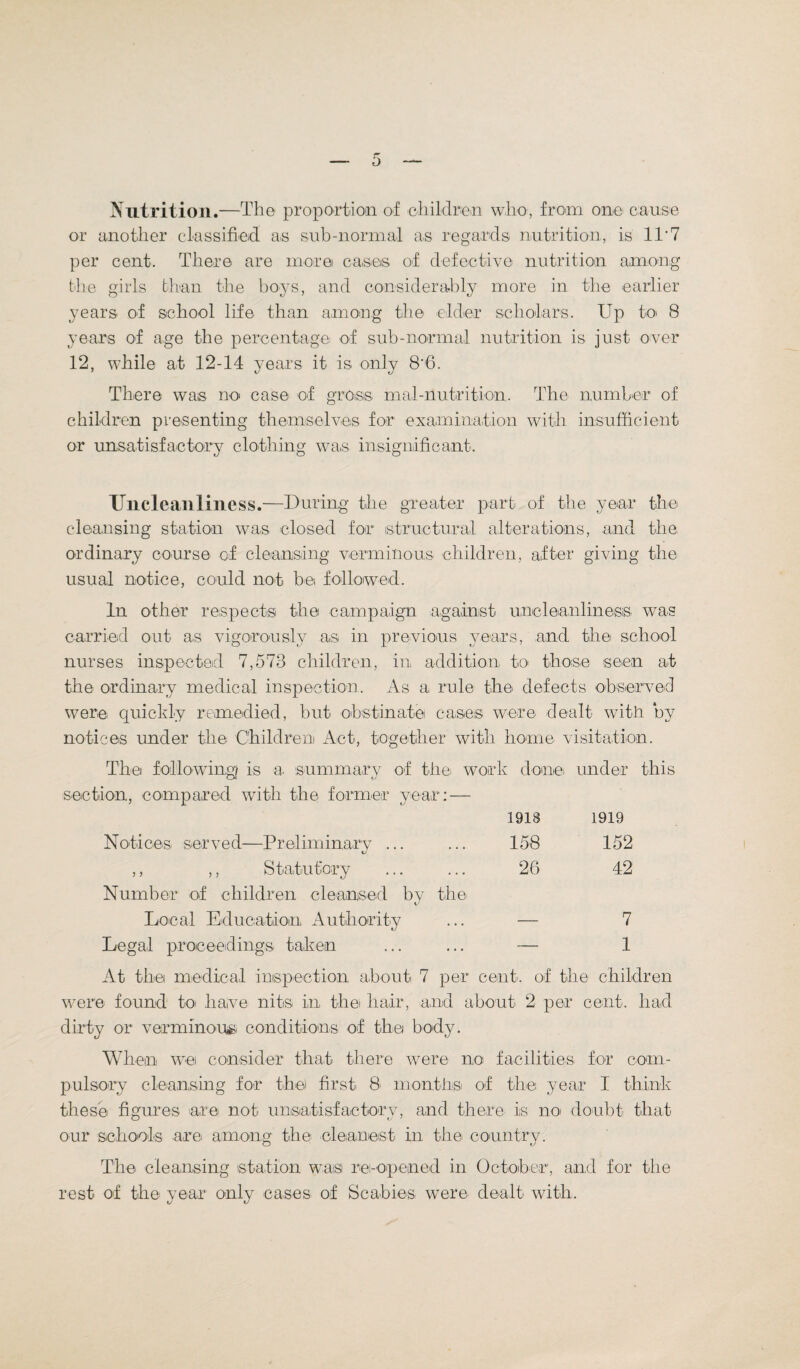 Nutrition.—The proportion of children who, from one cause or another classified as sub-normal as regards nutrition, is 11'7 per cent. There are more cases of defective nutrition among the girls than the boys, and considerably more in the earlier years of school life than among the elder scholars. Up to 8 years of age the percentage of sub-normal nutrition is just over 12, while a.t 12-14 years it is only 8'6. There was no case of gross mal-nutrition. The number of children presenting themselves for examination with insufficient or unsatisfactory clothing was insignificant. Uiicleanliness.—During the greater part of the year the cleansing station was closed for structural alterations, and the ordinary course of cleansing verminous children, after giving the usual notice, could not be followed. In other respects the campaign against uneleanliness was carried out as vigorously as in previous years, and the school nurses inspected 7,573 children, in addition to those seen at the ordinary medical inspection. As a rule the defects observed were quickly remedied, but obstinate cases were dealt with by notices under the Children Act, together with home visitation. The following is a. summary of the work done under this section, compared with the former year: — 1918 1919 Notices served—Preliminary ... ... 158 152 ,, ,, Statutory ... ... 26 42 Number of children cleansed by the Local Education Authority ... — 7 Legal proceedings taken ... ... — 1 At the medical inspection about 7 per cent', of the children were found to< have nits in the hair, and about 2 per cent, had dirty or verminous conditions of the body. When we consider that there were no facilities for com¬ pulsory cleansing for the first 8' month® of the year I think these figures are not unsatisfactory, and there is no doubt that our schools are among the cleanest in the country. The cleansing station was re-opened in October1, and for the rest of the year only cases of Scabies were dealt with.