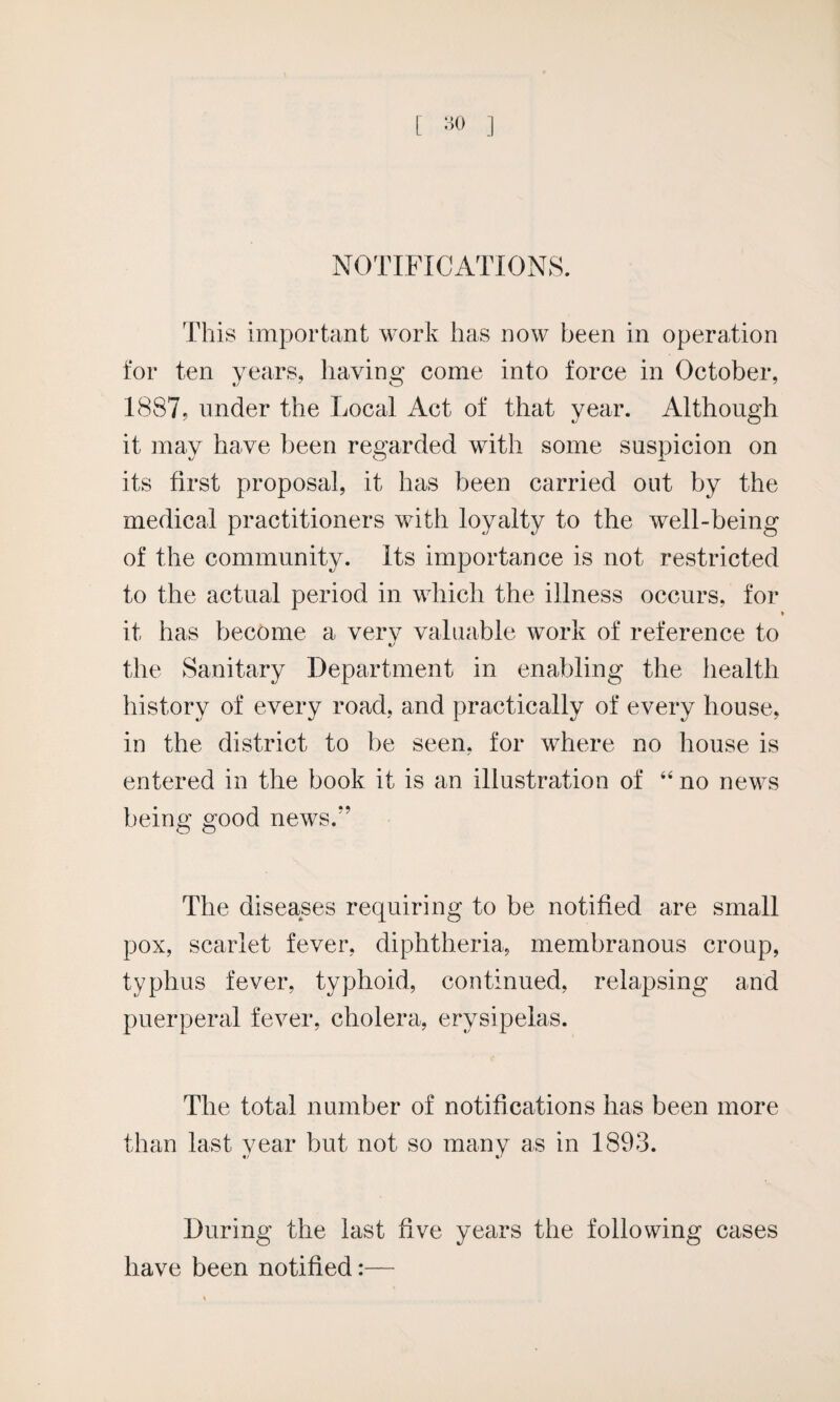 NOTIFICATIONS. This important work has now been in operation for ten years, having come into force in October, 1887, under the Local Act of that year. Although it may have been regarded with some suspicion on its first proposal, it has been carried out by the medical practitioners with loyalty to the well-being of the community. Its importance is not restricted to the actual period in which the illness occurs, for it has become a very valuable work of reference to the Sanitary Department in enabling the health history of every road, and practically of every house, in the district to be seen, for where no house is entered in the book it is an illustration of 44 no news being good news.*’ The diseases requiring to be notified are small pox, scarlet fever, diphtheria, membranous croup, typhus fever, typhoid, continued, relapsing and puerperal fever, cholera, erysipelas. The total number of notifications has been more than last year but not so many as in 1893. During the last five years the following cases have been notified:—