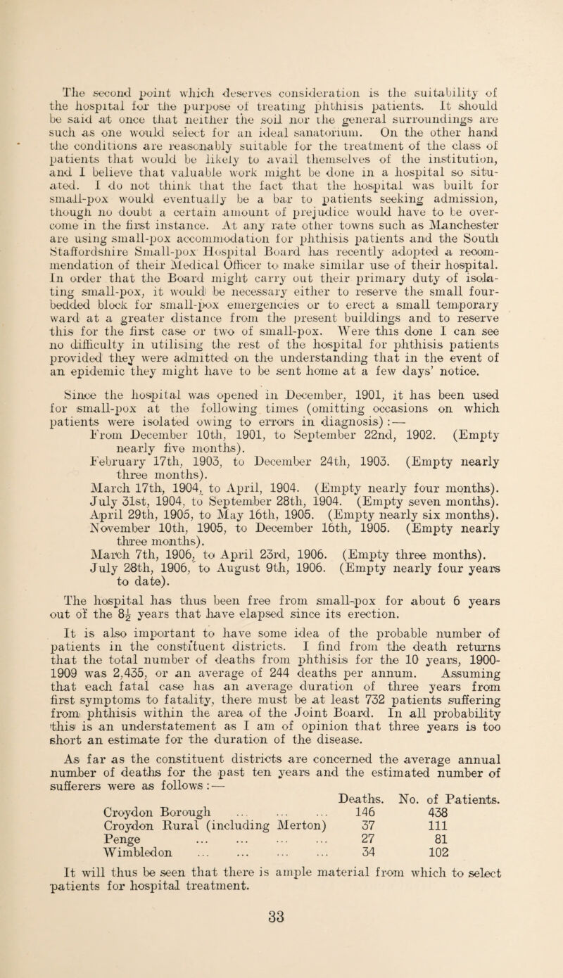 The second point which deserves consideration is the suitability of the hospital fox the purpose oi treating phthisis patients. It should be said at once that neither the soil nor the general surroundings are such as one would select for an ideal sanatorium. On the other hand the conditions are reasonably suitable for the treatment of the class of patients that would be likely to avail themselves of the institution, and I believe that valuable work might be done m a hospital so situ¬ ated. I do not think that the fact that the hospital was built for small-pox would eventually be a bar to patients seeking admission, though no doubt a certain amount of prejudice would have to be over¬ come in the first instance. At any rate other towns such as Manchester are using small-pox accommodation for phthisis patients and the South Staffordshire Small-pox Hospital Board has recently adopted a recom¬ mendation of their Medical Officer to make similar use of their hospital. In order that the Board might carry out their primary duty of isola¬ ting small-pox, it would! be necessary either to reserve the small four- bedded block for small-pox emergencies or to erect a small temporary ward at a greater distance from the present buildings and to reserve this for the first case or two of small-pox. Were this done I can see no difficulty in utilising the rest of the hospital for phthisis patients provided they were admitted on the understanding that in the event of an epidemic they might have to be sent home at a few days’ notice. Since the hospital was opened in December, 1901, it has been used for small-pox at the following times (omitting occasions on which patients were isolated owing to errors in diagnosis) : — From December 10th, 1901, to September 22nd, 1902. (Empty nearly five months). February 17th, 1903, to December 24th, 1903. (Empty nearly three months). March 17th, 1904, to April, 1904. (Empty nearly four months). July 31st, 1904, to September 28th, 1904. (Empty seven months). April 29th, 1905, to May 16th, 1905. (Empty nearly six months). November 10th, 1905, to December 16th, 1905. (Empty nearly three months). March 7th, 1906, to April 23rd, 1906. (Empty three months). July 28th, 1906, to August 9th, 1906. (Empty nearly four years to date). The hospital has thus been free from small-pox for about 6 years out of the 8g years that have elapsed since its erection. It is also important to have some idea of the probable number of patients in the constituent districts. I find from the death returns that the total number of deaths from phthisis for the 10 years, 1900- 1909 was 2,435, or an average of 244 deaths per annum. Assuming that each fatal case has an average duration of three years from first symptoms to fatality, there must be at least 732 patients suffering from phthisis within the area of the Joint Board. In all probability this is an understatement as I am of opinion that three years is too short an estimate for the duration of the disease. As far as the constituent districts are concerned the average annual number of deaths for the past ten years and the estimated number of sufferers were as follows : — Deaths. No. of Patients. Croydon Borough 146 438 Croydon Rural (including Merton) 37 111 Penge 27 81 Wimbledon 34 102 It will thus be seen that there is ample material from which to select patients for hospital treatment.