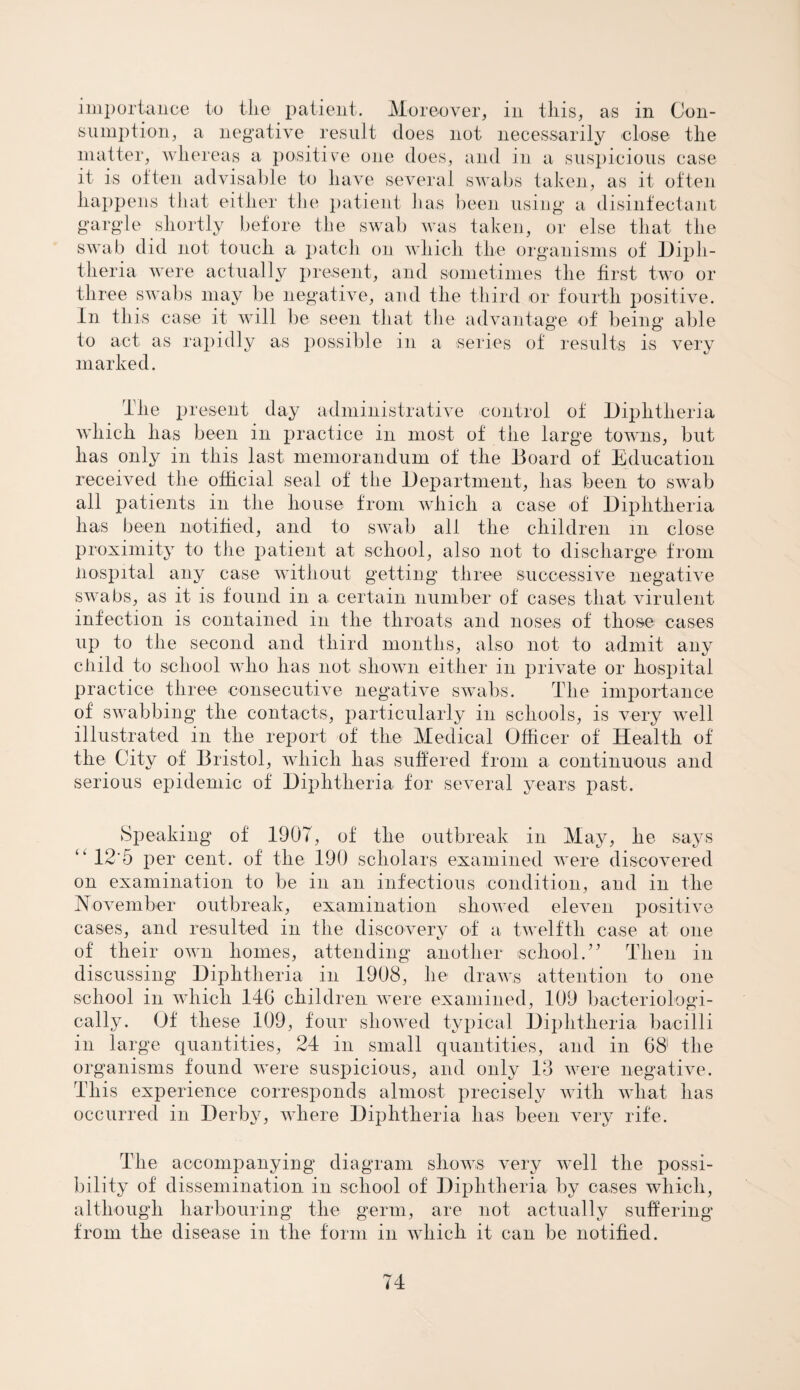 importance to the patient. Moreover, in this, as in Con¬ sumption, a negative result does not necessarily close the matter, whereas a positive one does, and in a suspicious case it is often advisable to have several swabs taken, as it often happens that either the patient has been using a disinfectant gargle shortly before the swab was taken, or else that the swab did not touch a patch on which the organisms of Diph¬ theria were actually present, and sometimes the first two or three swabs may be negative, and the third or fourth positive. In this case it will be seen that the advantage of being able to act as rapidly as possible in a series of results is very marked. The present day administrative control of Diphtheria which lias been in practice in most of the large towns, but has only in this last memorandum of the Board of Education received the official seal of the Department, has been to swab all patients in the house from which a case of Diphtheria has been notified, and to swab all the children m close proximity to the patient at school, also not to discharge from Hospital any case without getting three successive negative swabs, as it is found in a certain number of cases that virulent infection is contained in the throats and noses of those cases up to the second and third months, also not to admit any ctiild to school who lias not shown either in private or hospital practice three consecutive negative swabs. The importance of swabbing the contacts, particularly in schools, is very well illustrated in the report of the Medical Officer of Health of the City of Bristol, which lias suffered from a continuous and serious epidemic of Diphtheria for several years past. Speaking of 190T, of the outbreak in May, he says “ 12 5 per cent, of the 190 scholars examined were discovered on examination to be in an infectious condition, and in the November outbreak, examination showed eleven positive cases, and resulted in the discovery of a twelfth case at one of their own homes, attending another school.” Then in discussing Diphtheria in 1908, lie draws attention to one school in which 146 children were examined, 109 baeteriologi- cally. Of these 109, four showed typical Diphtheria bacilli in large quantities, 24 in small quantities, and in 68' the organisms found were suspicious, and only 13 were negative. This experience corresponds almost precisely with what has occurred in Derby, where Diphtheria has been very rife. The accompanying diagram shows very well the possi¬ bility of dissemination in school of Diphtheria by cases which, although harbouring the germ, are not actually suffering from the disease in the form in which it can be notified.