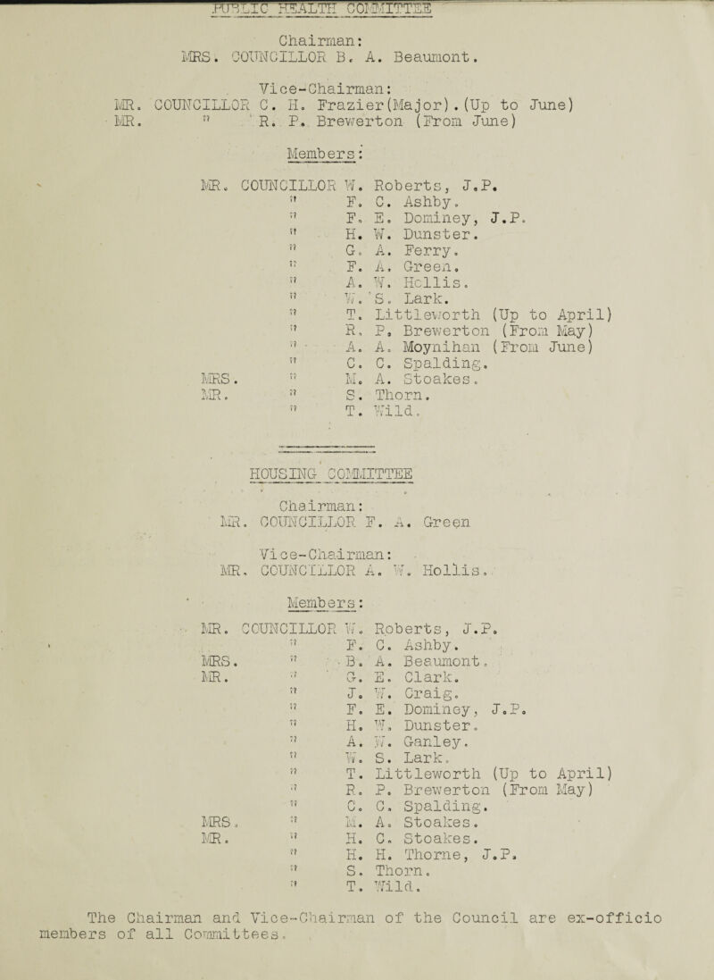 HHLTC HEALTH COMMITTEE Chairman: MRS. COUNCILLOR B. A. Beaumont. Vice-Chairman: MR. COUNCILLOR C. H. Brazier(Major).(Up to June) MR. f? R. P.. Brewerton (From June) Members: MR - COUNCILLOR w. Roberts, J.P. ?t F. C. Ashby. T? F, E. Dominey, J.P. S? H. W. Dunster. f? G. A. Ferry. W F. A. Green, ?? A. W. Hollis. f? T' M . ’S. Lark. ;? T 0 Littleworth (Up to April) ;? R. P, Brewerton (From May) v? . .. A. A. Moynihan (From June) i? C. C. Spalding. f? M. A. Stoakes. ?? S. Thorn. ? ? T. Wild. HOUSING COIL JIT TEE Chairman: MR. COUNCILLOR F. A. Green Vice-Chairman: MR. COUNCILLOR A. W. Hollis. Members: MR. COUNCILLOR W. 77 F. MRS. 77 - ■ B. MR. 'f ' G. 77 I. 77 F. 71 H. 77 A. ;J R. 77 C. MRS, 77 m! ICR. 77 H. 77 H. 77 S. Roberts, J.P. C. Ashby. A. Beaumont. E. Clark. W. Craig. E. Dominey, J.P. W. Dunster. 3/7. Ganley. S. Lark. Littleworth (Up to April) P, Brewerton (From May) C. Spalding. A. Stoakes. C. Stoakes. H. Thorne, J.P, Thorn. Wild. The Chairman and Vice-Chairman of the Council are ex-officio members of all Committees.