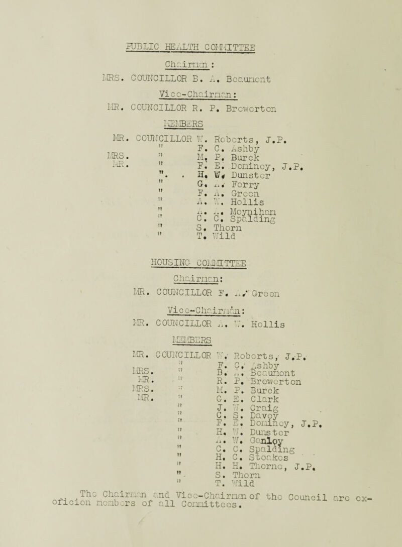 mBLIC HEALTH COMMITTEE Th oficion Chairmen : MRS. C OUNCILLOR B. A • Beaune lit Vice-Chairman: lm. COUNCILLOR R. P, Brewerten MEMBERS MR. COUNCILLOR W. Roberts, <J. it F. C. Ashby MRS. ” M. P. Burck MR. TT f: E. Donincy, tt • t H, W# Dunstcr u G. ■u. Ferry Tt F. A. Green 51 A il « Hollis tt it r, 1i • c. A. Moyniham C. Spalding it S • Thorn it T. Wild HOUSING- ol BUTTLE Chairnan: MR • C OUNCILL OR P • A / Gr o on MR. Vic o-Clie.i man: COUNCILLOR A. M. Hollis MEMBERS MR. COUNCILLOR MRS. HR. MRS. MR. ;f tt i? tt t? it ?t tt tt tt it F. B. R. M. C-. J • C. F. H. c. H. H. S. T. Roberts,- J.P, C*- Ashby A, Beaumont P. Brewerton P. Burck E. Clark W. Craig S. Davey E. Donincy, L.p, M. Duns ter W. Gonlpy C. Spalding C. Stoakes H. Thorne, L.P, Thorn Mild : Chairnan and Vice-Chairmen of the Council members of all Committees. arc ex-