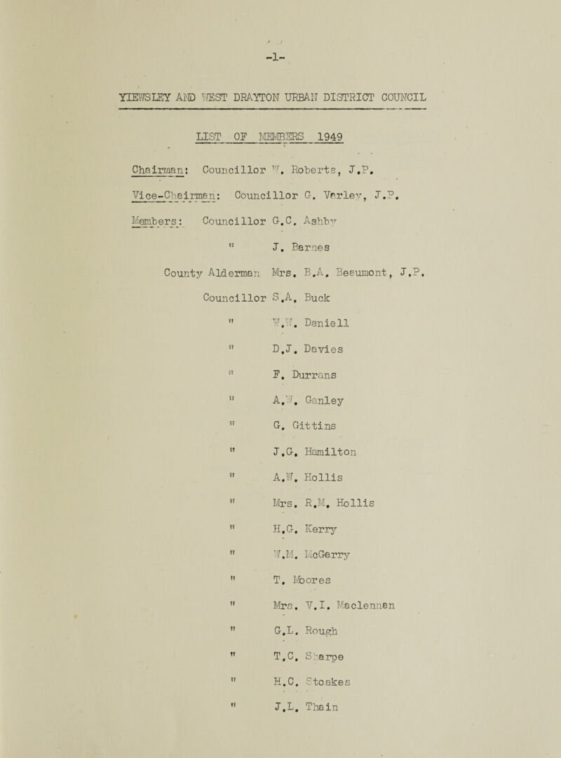 -1- YIEWSLEY AND WEST DRAYTON URBAN DISTRICT COUNCIL LIST OF MEMBERS 1949 Chairman: Councillor ¥, Roberts, J.P. Vice-Chairman: Councillor G. Vr.rlev, J.P, Membersj Councillor n County Alderman Councillor 11 11 11 st ?f ?t 11 11 11 ii ft ii ii ii ii ii G,C# Ashby J, Barnes Mrs, B,A# Beaumont, J.P, S. A, Buck W,U, Daniell D,J. Davies F, Durrans A, , Ganley G, Git tins J.G, Hamilton A,W, Hollis Mrs, R.M, Hollis H, G, Kerry W,M. Me Garry T, l'/bores Mrs, V.I, Ma clennan G, L. Rough T.C, Sharpe H, C. Stoakes J,L. Thain