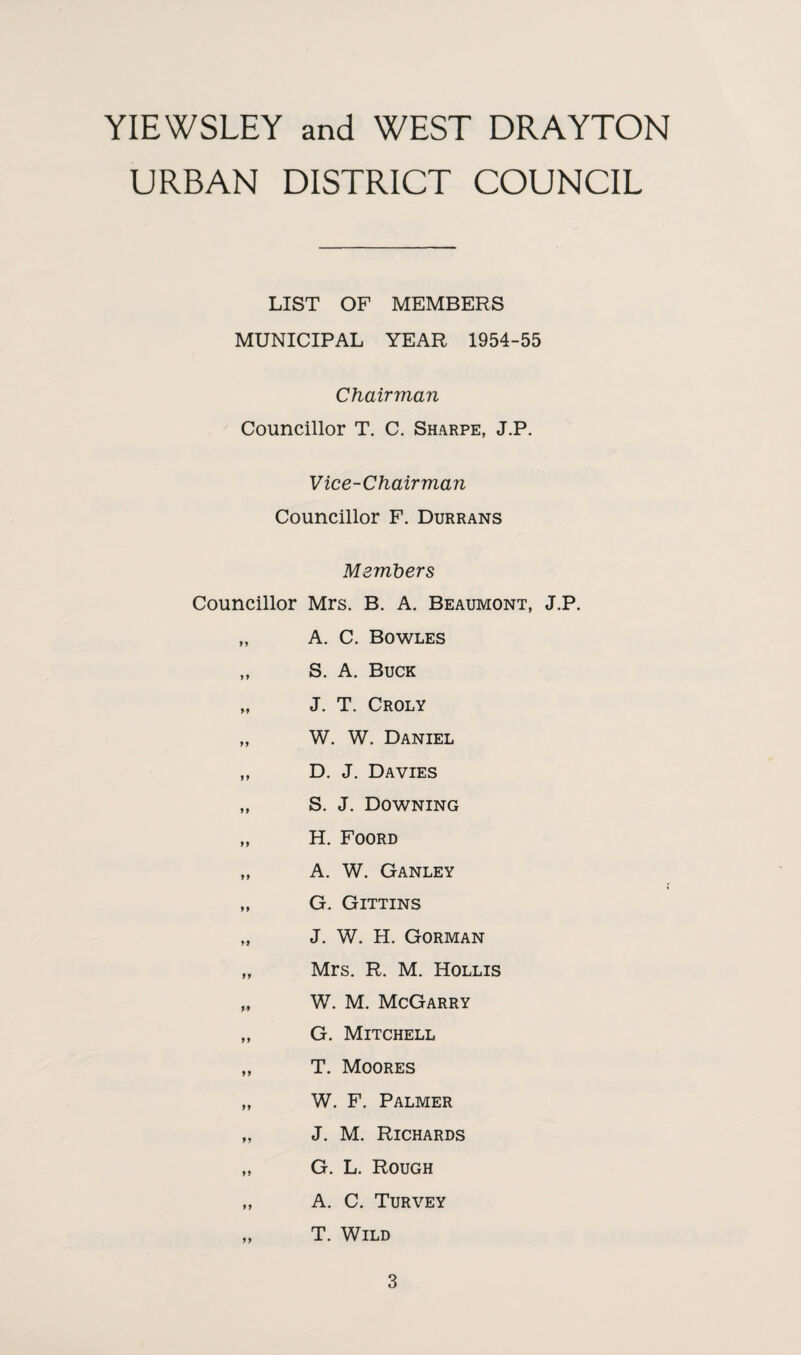 URBAN DISTRICT COUNCIL LIST OF MEMBERS MUNICIPAL YEAR 1954-55 Chairman Councillor T. C. Sharpe, J.P. Vice-Chairman Councillor F. Durrans Members Councillor Mrs. B. A. Beaumont, J.P. „ A. C. Bowles „ S. A. Buck „ J. T. Croly „ W. W. Daniel ,, D. J. Davies „ S. J. Downing „ H. Foord „ A. W. Ganley „ G. Gittins „ J. W. H. Gorman „ Mrs. R. M. Hollis ,, W. M. McGarry „ G. Mitchell ,, T. Moores „ W. F. Palmer „ J. M. Richards „ G. L. Rough „ A. C. Turvey „ T. Wild