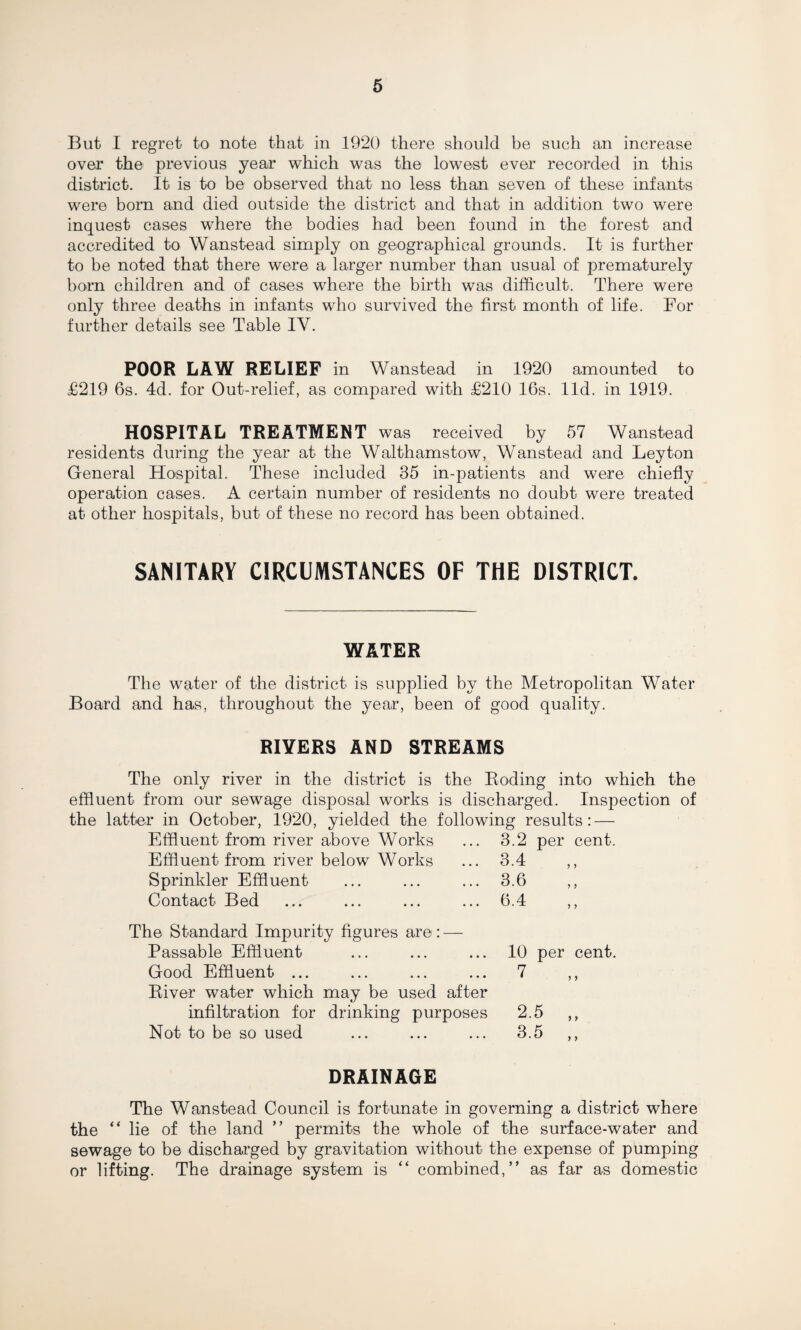 But I regret to note that in 1920 there should be sueh an increase over the previous year which was the lowest ever recorded in this district. It is to be observed that no less than seven of these infants were bom and died outside the district and that in addition two were inquest cases where the bodies had been found in the forest and accredited to Wanstead simply on geographical grounds. It is further to be noted that there were a larger number than usual of prematurely born children and of cases where the birth was difficult. There were only three deaths in infants who survived the first month of life. Bor further details see Table IY. POOR LAW RELIEF in Wanstead in 1920 amounted to £219 6s. 4d. for Out-relief, as compared with £210 16s. lid. in 1919. HOSPITAL TREATMENT was received by 57 Wanstead residents during the year at the Walthamstow, Wanstead and Leyton General Hospital. These included 35 in-patients and were chiefly operation cases. A certain number of residents no doubt were treated at other hospitals, but of these no record has been obtained. SANITARY CIRCUMSTANCES OF THE DISTRICT. WATER The water of the district is supplied by the Metropolitan Water Board and has, throughout the year, been of good quality. RIVERS AND STREAMS The only river in the district is the Boding into which the effluent from our sewage disposal works is discharged. Inspection of the latter in October, 1920, yielded the following results: — Effluent from river above Works ... 3.2 per cent. Effluent from river below Works ... 3.4 ,, Sprinkler Effluent ... ... ... 3.6 ,, Contact Bed ... ... ... ... 6.4 The Standard Impurity figures are: — Passable Effluent Good Effluent ... Biver water which may be used after infiltration for drinking purposes Not to be so used 10 per cent. 7 2.5 „ 3.5 DRAINAGE The Wanstead Council is fortunate in governing a district where the “ lie of the land ” permits the whole of the surface-water and sewage to be discharged by gravitation without the expense of pumping or lifting. The drainage system is “ combined,” as far as domestic