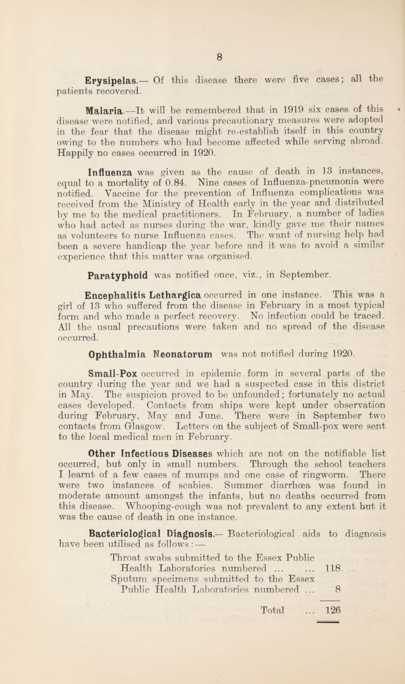 Erysipelas.— Of this disease there were five cases; all the patients recovered. Malaria —It, will be remembered that in 1919 six cases of this disease were notified, and various precautionary measures were adopted in the fear that the disease might re-establish itself in this country owing to the numbers who had become affected while serving abroad. Happily no cases occurred in 1920. Influenza was given as the cause of death in 13 instances, equal to a mortality of 0.84. Nine cases of Influenza-pneumonia were notified. Vaccine for the prevention of Influenza complications was received from the Ministry of Health early in the year and distributed by me to the medical practitioners. In February, a number of ladies who had acted as nurses during the war, kindly gave me their names as volunteers to nurse Influenza cases. The want of nursing help had been a severe handicap the year before and it was to avoid a similar experience that this matter was organised. Paratyphoid was notified once, viz., in September. Encephalitis Lethargica occurred in one instance. This was a girl of 13 who suffered from the disease in February in a most typical form and who made a perfect recovery. No infection could be traced. All the usual precautions were taken and no spread of the disease occurred. Ophthalmia Neonatorum was not notified during 1920. Small-Pox occurred in epidemic form in several parts of the country during the year and we had a suspected case in this district in May. The suspicion proved to be unfounded; fortunately no actual cases developed. Contacts from ships were kept under observation during February, May and June. There were in September two contacts from Glasgow. Letters on the subject of Small-pox were sent to the local medical men in February. Other Infectious Diseases which are not on the notifiable list occurred, but only in small numbers. Through the school teachers I learnt of a few cases of mumps and one case of ringworm. There were two instances of scabies. Summer diarrhoea was found in moderate amount amongst the infants, but no deaths occurred from this disease. Whooping-cough was not prevalent to any extent but it was the cause of death in one instance. Bacteriological Diagnosis.— Bacteriological aids to diagnosis have been utilised as follows : — Throat swabs submitted to the Essex Public Health Laboratories numbered ... ... 118 Sputum specimens submitted to the Essex Public Health Laboratories numbered ... 8 Total 126