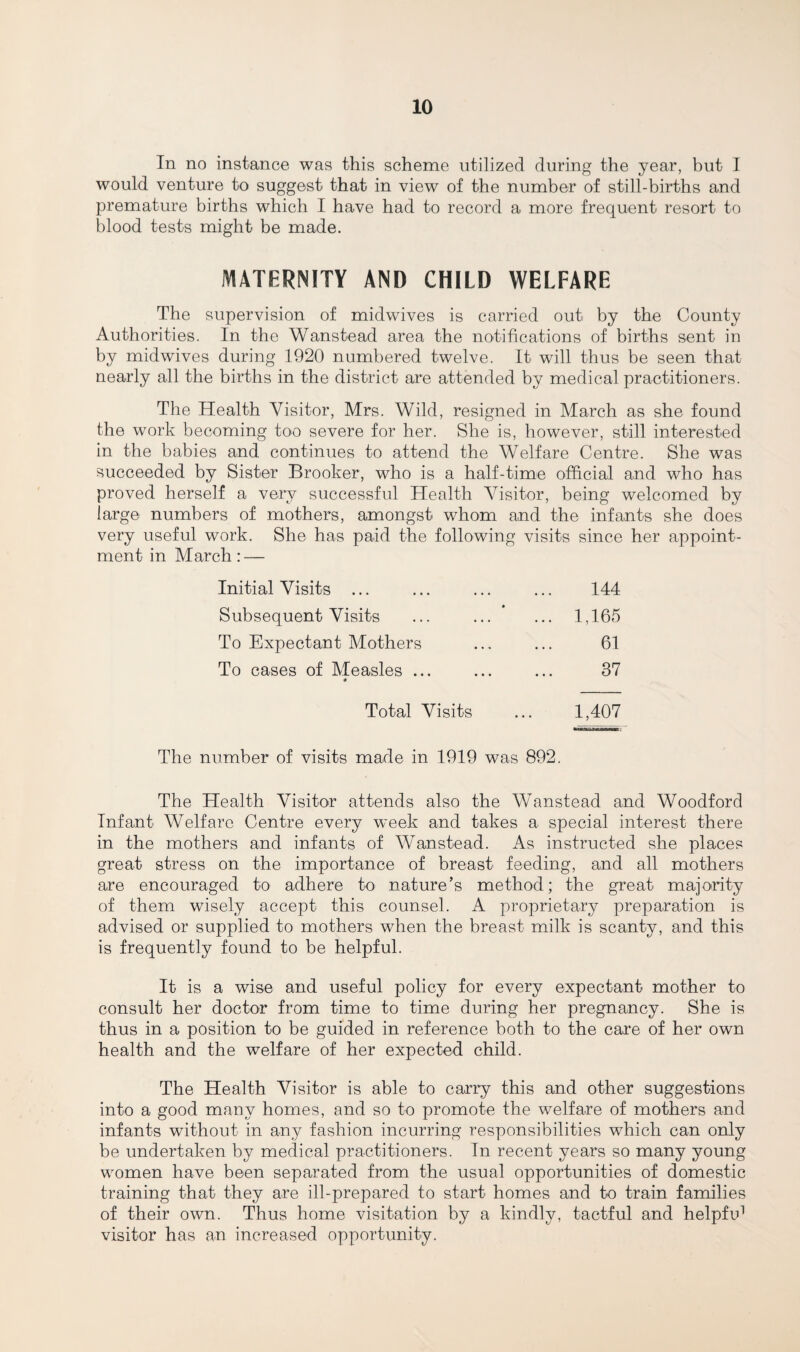In no instance was this scheme utilized during the year, but I would venture to suggest that in view of the number of still-births and premature births which I have had to record a more frequent resort to blood tests might be made. MATERNITY AND CHILD WELFARE The supervision of midwives is carried out by the County Authorities. In the Wanstead area the notifications of births sent in by midwives during 1920 numbered twelve. It will thus be seen that nearly all the births in the district are attended by medical practitioners. The Health Visitor, Mrs. Wild, resigned in March as she found the work becoming too severe for her. She is, however, still interested in the babies and continues to attend the Welfare Centre. She was succeeded by Sister Brooker, who is a half-time official and who has proved herself a very successful Health Visitor, being welcomed by large numbers of mothers, amongst whom and the infants she does very useful work. She has paid the following visits since her appoint¬ ment in March: — Initial Visits ... 144 Subsequent Visits 1,165 To Expectant Mothers 61 To cases of Measles ... 0 37 Total Visits 1,407 The number of visits made in 1919 was 892. The Health Visitor attends also the Wanstead and Woodford Infant Welfare Centre every week and takes a special interest there in the mothers and infants of Wanstead. As instructed she places great stress on the importance of breast feeding, and all mothers are encouraged to adhere to nature’s method; the great majority of them wisely accept this counsel. A proprietary preparation is advised or supplied to mothers when the breast milk is scanty, and this is frequently found to be helpful. It is a wise and useful policy for every expectant mother to consult her doctor from time to time during her pregnancy. She is thus in a position to be guided in reference both to the care of her own health and the welfare of her expected child. The Health Visitor is able to carry this and other suggestions into a good many homes, and so to promote the welfare of mothers and infants without in any fashion incurring responsibilities which can only be undertaken by medical practitioners. In recent years so many young women have been separated from the usual opportunities of domestic training that they are ill-prepared to start homes and to train families of their own. Thus home visitation by a kindly, tactful and helpfu1 visitor has an increased opportunity.