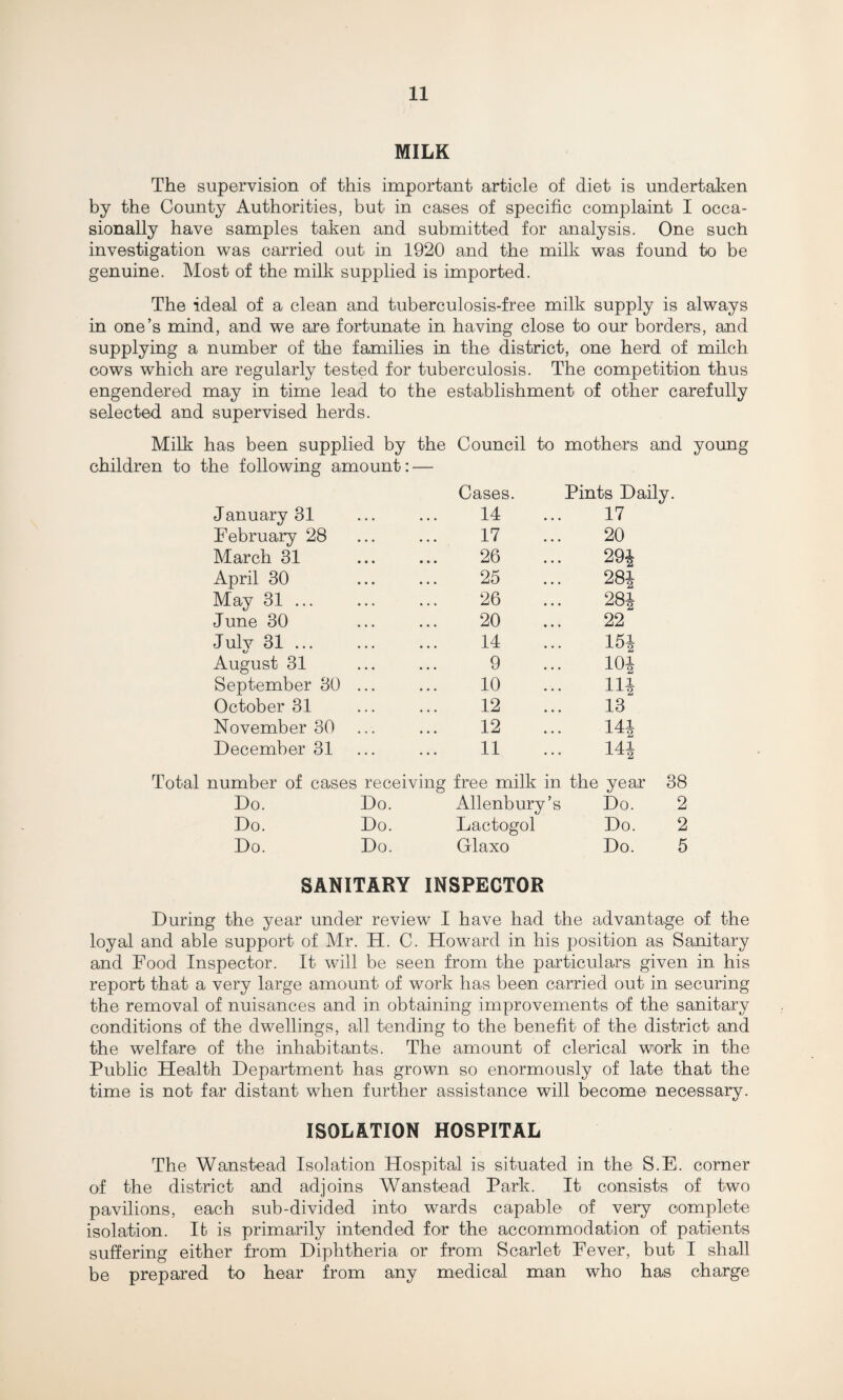 MILK The supervision of this important article of diet is undertaken by the County Authorities, but in cases of specific complaint I occa¬ sionally have samples taken and submitted for analysis. One such investigation was carried out in 1920 and the milk was found to be genuine. Most of the milk supplied is imported. The ideal of a clean and tuberculosis-free milk supply is always in one’s mind, and we are fortunate in having close to our borders, and supplying a number of the families in the district, one herd of milch cows which are regularly tested for tuberculosis. The competition thus engendered may in time lead to the establishment of other carefully selected and supervised herds. Milk has been supplied by the Council to mothers and young children to the following amount: — Cases. Pints Daily. January 31 14 17 February 28 17 20 March 31 26 29£ April 30 25 28i May 31 ... 26 28i June 30 20 22 July 31 ... 14 15i August 31 9 10i September 30 ... 10 ... Hi October 31 12 13 November 30 12 ... 14J December 31 11 ... 14i Total number of cases receiving free milk in the year 38 Do. Do. Allenbury’s Do. 2 Do. Do. Lactogol Do. 2 Do. Do. Glaxo Do. 5 SANITARY INSPECTOR During the year under review I have had the advantage of the loyal and able support of Mr. H. C. Howard in his position as Sanitary and Food Inspector. It will be seen from the particulars given in his report that a very large amount of work has been carried out in securing the removal of nuisances and in obtaining improvements of the sanitary conditions of the dwellings, all tending to the benefit of the district and the welfare of the inhabitants. The amount of clerical work in the Public Health Department has grown so enormously of late that the time is not far distant when further assistance will become necessary. ISOLATION HOSPITAL The Wanstead Isolation Hospital is situated in the S.E. corner of the district and adjoins Wanstead Park. It consists of two pavilions, each sub-divided into wards capable of very complete isolation. It is primarily intended for the accommodation of patients suffering either from Diphtheria or from Scarlet Fever, but I shall be prepared to hear from any medical man who has charge