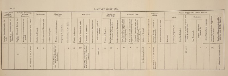 SANITARY WORK, 1914 Canal Boats used as Dwellings. © A -42 5- © C T3 © N © -4-2 02 • ^4 DC <D P5 So <D 33 Movable Dwellings, Caravans, Tents, &c. CD c c ’-3 s <D > c2 i—i -to 3 O O a £ CO -to o V a 32 3 60 9 05 be 33 a > s_ o CD a o s_ O S_i O CO CD O s- C2 33 s a O © © -3 32 * 3 ^ a ’so -to CO O So 33 a > o a 03 — a -a 3 £ Bakehouses. a *s —o CO a 32 3 £ CO -to a o -to a c3 ft O OB a > o O a a 2 80 Slaughcer houses. a -42 02 • rH &c a 03 a 32 3 £ a CS a CO 3 _o -to a a 3-. co a o So a 33 a 3 £ 3 o * r—I -to a a Po CO 3 a 3 a 3 CJ1 a >* 33 33 a a So a © 3 § •i—i CD m -to O 3 Po a <tH 3 -rH CT1 ■on s3 -g 0 **-1 r3 •rH _ bO -3 mo ® r! So u a co _3 a > a s += rrj -to Vi o CD £ cS 3 i © PP co 3 o a > c3 So -to 3 o O Cow-sheds. 5-1 © 42 02 • rH 60 a P5 3 o a 32 3 & 10 a ca as co 3 o • rH +3 o © P4 02 G © r© a 3 £ 109 a o • rH -to a a Qo CO 3 a 3 a 3 C a so 3 a £? “ e3 se a O’fi . © fVt-t3 vr a c3 > -13) ” 02 3 £ 3 5 a 3, 3 O’ a 33 * 1=1 ft CO a o • r-H -+2 c3 3 &o a « CO 3 O a > a So -to 3 o O 10 CO £ O O 3 O • rH g £ ^ CO O So a 33 3 £ Dairies and Milk-shops. o CO CM -to 3 o 33 <! a oo CO '5b a P5 3 o So a 32 a 3 19 3 3 cS a r3 e8 a CO a o a _o -to a a Pt CD a -to O «+o Pj 0 CO a a HH 3 so 2 o 3 a1 a 5-1 U © r© D !25 93 CD 3 o • rH <3 r—I 3 ■QO a ft CO 3 o ’-to 3 a > c3 so -to 3 o O Meat (including organs) seized and surrendered. (Approximate weight in pounds). Unsound Food. 85 a Jo so 33 03 3 ^ 2 3 o 2 so 3 3 -S CD -to 33 3 c3 'QO * r-H a £ a ^ Is a 3 .S a a ’fl co g So 3J gn co P-i < ft 98 t3 a °3 03 | ~s t3 ^ a S N a CD X o r| Jl . 32 ,—s C3 co -to a JO Q0 3 ® r § . a ^ 3 st 3 3 © -a •Pg| © > 02 O r/2 • rH >■3 O 33 -to a % cS • rO V 3 32 St O 3D PP PP Offensive Trades. -4-2 O %4 -42 02 © 02 • r-H P a I Ph a 3 a | VI a -a 3 ■ a CO Jo a n3 3 2 So go co MO P o.2 2 o ZZ 02 £ 3 A i—i ’oo 3 • r-H -42 © cS 5-1 42 X H -M p • rH Ua Pj g £ PH 02 > © PP MO O CD a > eg So -to 3 o u Water Supply and Water Service. Wells. jd 3 3 02 £ a £ o 33 a so cS 3o a Po 33 a CD 3 c« a O 33 a oo _3 'o co cS na a CD o r—H o o S-J eH-H T3 © • rH 3o 3o 3 . cd a S a c> 2 V. 3 a O 02 hi HH So mo ® o C3 if ^ OO •—. — 'a a 33 a 3 l- Co a M co r—! 32 Cisterns. 33 a *> o Sh PH a £ 33 a So ■3 J at0® a Po rQ a o-T 5-1 bo a a > co 0 3^ a O co 3 3 O 33 a o ee Pt CO 3t ce H 1 ce So 3 3 o 33 a r — 1 Pt P, 3 CD CD a CD 3 o PP 3 a O 02 tuD ca -5 3 c3 a o-3 0 co *- 3 o o P-i O All. 5-1 &>> 33 Po a Pt 3 3 ■3 CQ ?i sf Po^ 2 S if o 02 vo o CO .H So co a s! 3 c3 !zq © -4-3 > • r-H So a 33 -to O