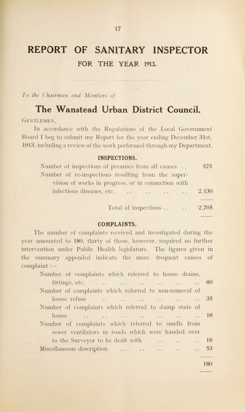REPORT OF SANITARY INSPECTOR FOR THE YEAR 1913. To the Chairman and Members of The Wanstead Urban District Council. Gentlemen, In accordance with the Regulations of the Local Government Board I beg to submit my Report for the year ending December 31st, 1913, including a review of the work performed through my Department. INSPECTIONS. Number of inspections of premises from all causes . . 575 Number of re-inspections resulting from the super¬ vision of works in progress, or in connection with infectious diseases, etc. . . . . . . . . 2,130 Total of inspections . . . . 2,705 COMPLAINTS. The number of complaints received and investigated during the year amounted to 180, thirty of these, however, required no further intervention under Public Health legislature. The figures given in the summary appended indicate the more frequent causes of complaint— Number of complaints which referred to house drains, fittings, etc. . . . . . . . . . . 60 Number of complaints which referred to non-removal of house refuse . . .. .. .. .. 35 Number of complaints which referred to damp state of house . . .. . . . . .. . . 16 Number of complaints which- referred to smells from sewer ventilators in roads which were handed over to the Surveyor to be dealt with . . . . . . 16 Miscellaneous description . . . . . . . . 53 180