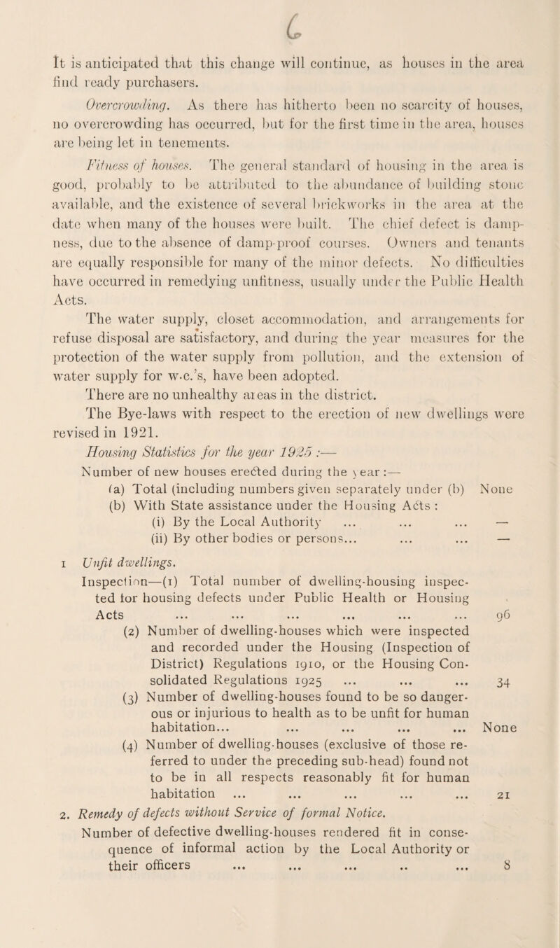 c It is anticipated that this change will continue, as houses in the area find ready purchasers. Overcrowding. As there has hitherto been no scarcity of houses, no overcrowding has occurred, but for the first time in the area, houses are being let in tenements. Fitness of houses. The general standard of housing in the area is good, probably to be attributed to the abundance of building stone available, and the existence of several brickworks in the area at the date when many of the houses were built. The chief defect is damp¬ ness, due to the absence of damp-proof courses. Owners and tenants are equally responsible for many of the minor defects. No difficulties have occurred in remedying unfitness, usually under the Public Health Acts. The water supply, closet accommodation, and arrangements for refuse disposal are satisfactory, and during the year measures for the protection of the water supply from pollution, and the extension of water supply for w.c.’s, have been adopted. There are no unhealthy areas in the district. The Bye-laws with respect to the erection of new dwellings were revised in 1921. Housing Statistics for the year 1925 :— Number of new houses erected during the year :— (a) Total (including numbers given separately under (b) None (b) With State assistance under the Housing A<5ts : (i) By the Local Authority ... ... ... — (ii) By other bodies or persons... ... ... — i Unfit dwellings. Inspection—(i) Total number of dwelling-housing inspec¬ ted tor housing defects under Public Health or Housing cts ... ... ... ... ... ... p (3 (2) Number of dwelling-houses which were inspected and recorded under the Housing (Inspection of District) Regulations 1910, or the Housing Con¬ solidated Regulations 1925 ... ... ... 34 (3) Number of dwelling-houses found to be so danger¬ ous or injurious to health as to be unfit for human habitation... ... ... ... ... None (4) Number of dwelling-houses (exclusive of those re¬ ferred to under the preceding sub-head) found not to be in all respects reasonably fit for human habitation ... ... ... ... ... 21 2. Remedy of defects without Service of formal Notice. Number of defective dwelling-houses rendered fit in conse¬ quence of informal action by the Local Authority or their officers • • • • • • • • • 8