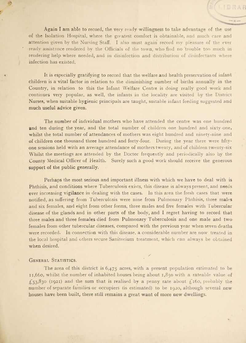 of the Isolation Hospital, where the greatest comfort is obtainable, and much care and attention given by the Nursing Staff. I also must again record my pleasure of the ever ready assistance rendered by the Officials of the town, who find no trouble too much in rendering help where needed, and in disinfection and distribution of disinfectants where infection has existed. It is especially gratifying to record that the welfare and health preservation of infant children is a vital factor in relation to the diminishing number of births annually in the Country, in relation to this the Infant Welfare Centre is doing really good work and continues very popular, as well, the infants in the locality are visited by the District Nurses, when suitable hygienic principals are taught, suitable infant feeding suggested and much useful advice given. The number of individual mothers who have attended the centre was one hundred and ten during the year, and the total number of children one hundred and sixty one, whilst the total number of attendances of mothers was eight hundred and ninety-nine and of children one thousand three hundred and forty-four. During the year there were fifty- one sessions held with an average attendance of mothers twenty, and of children twenty-six Whilst the meetings are attended by the Doctor frequently and periodically also b.y the County Medical Officer of Health. Surely such a good work should receive the generous support of the public generally. Perhaps the most serious and important illness with which we have to deal with is Phthisis, and conditions where Tuberculosis exists, this disease is always present, and needs ever increasing vigilance in dealing with the cases. In this area the fresh cases that were notified, as suffering from Tuberculosis were nine from Pulmonary Phthisis, three males and six females, and eight from other forms, three males and five females with Tubercular disease of the glands and in other parts of the body, and I regret having to record that three males and three females died from Pulmonary Tuberculosis and one male and two females from other tubercular diseases, compared with the previous year when seven deaths were recorded. In connection with this disease, a considerable number are now treated in the local hospital and others secure Sanitorium treatment, which can always be obtained when desired. y General Statistics. The area of this district is 6,475 acres, with a present population estimated to be 11,660, whilst the number of inhabited houses being about 1,850 with a rateable value of £53,830 (1921) and the sum that is realised by a penny rate about £160, probably the number of separate families or occupiers (is estimated) to be 1920, although several new houses have been built, there still remains a great want of more new dwellings.