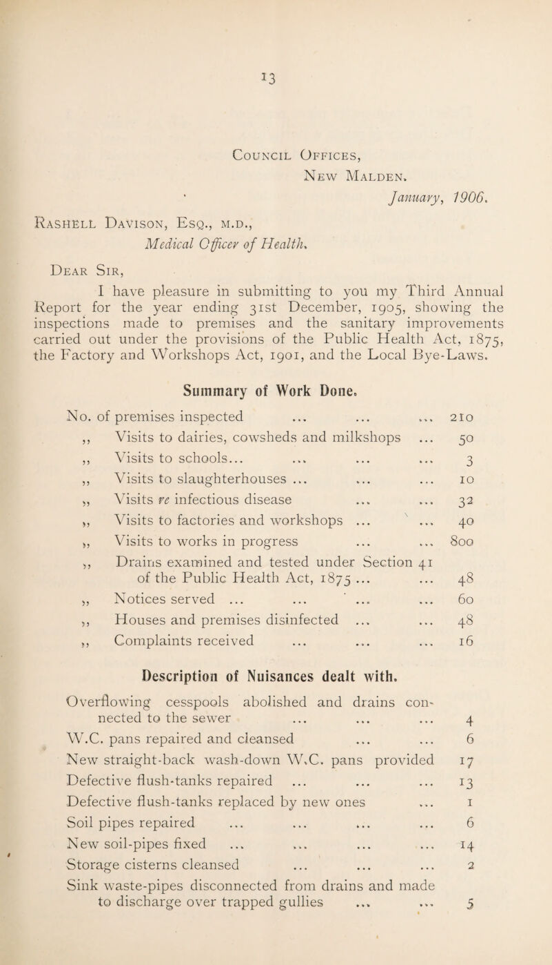 Council Offices, New Malden, January, 1906. Rashell Davison, Esq., m.d., Medical Officer of Health. Dear Sir, I have pleasure in submitting to you my Third Annual Report for the year ending 31st December, 1905, showing the inspections made to premises and the sanitary improvements carried out under the provisions of the Public Health Act, 1875, the Factory and Workshops Act, 1901, and the Local Bye-Laws. Summary of Work Done. No. of premises inspected ,, Visits to dairies, cowsheds and milkshops ,, Visits to schools... ,, Visits to slaughterhouses ... „ Visits re infectious disease „ Visits to factories and workshops ... .. ,, Visits to works in progress ,, Drains examined and tested under Section 41 of the Public Health Act, 1875 ... ,, Notices served ... ... ... ,, Houses and premises disinfected ,, Complaints received Description of Nuisances dealt with. Overflowing cesspools abolished and drains con¬ nected to the sewer W.C. pans repaired and cleansed New straight-back wash-down W.C. pans provided Defective flush-tanks repaired Defective flush-tanks replaced by new ones Soil pipes repaired New soil-pipes fixed Storage cisterns cleansed Sink waste-pipes disconnected from drains and made to discharge over trapped gullies 210 5° 3 10 32 40 800 48 60 48 16 4 6 J3 1 6 14 2 5 » » *