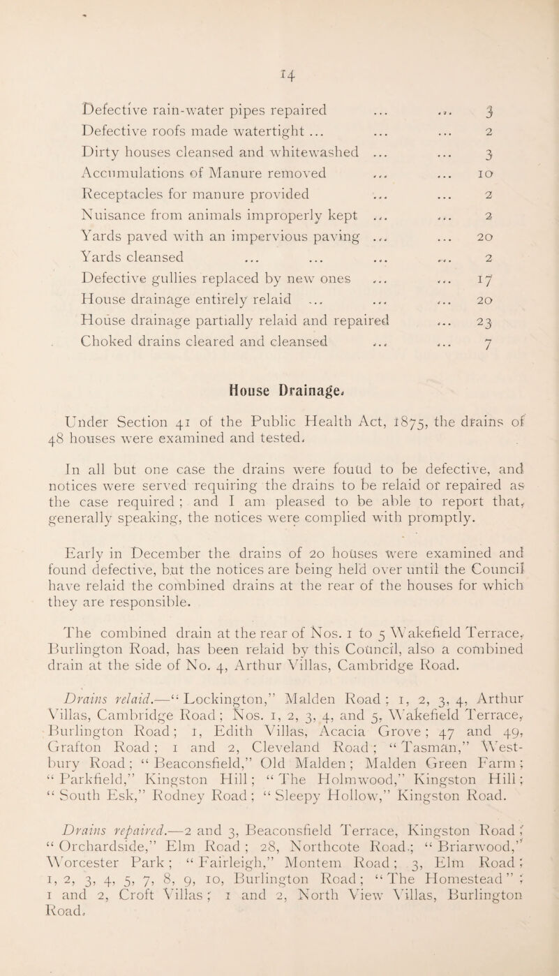 H Defective rain-water pipes repaired ... ... 3 Defective roofs made watertight ... ... ... 2 Dirty houses cleansed and whitewashed ... ... 3 Accumulations of Manure removed ... ... 10 Receptacles for manure provided ... ... 2 Nuisance from animals improperly kept ... ... 2 Yards paved with an impervious paving ... ... 20 Yards cleansed ... ... ... ... 2 Defective gullies replaced by new ones ... ... 17' House drainage entirely relaid ... ... ... 20 House drainage partially relaid and repaired ... 23 Choked drains cleared and cleansed ... ... 7 House Drainage, Under Section 41 of the Public Health Act, 1875, the drains of 48 houses were examined and tested. In all but one case the drains were found to be defective, and notices were served requiring the drains to be relaid or repaired as the case required ; and I am pleased to be able to report that* generally speaking, the notices were complied with promptly. Early in December the drains of 20 houses were examined and found defective, b.ut the notices are being held over until the Council have relaid the combined drains at the rear of the houses for which they are responsible. The combined drain at the rear of Nos. 1 to 5 Wakefield Terrace* Burlington Road, has been relaid by this Council, also a combined drain at the side of No. 4, Arthur Villas, Cambridge Road. Drains relaid.—“ Lockington,” Malden Road; 1, 2, 3,4, Arthur Villas, Cambridge Road; Nos. 1, 2, 3, 4, and 5, Wakefield Terrace* Burlington Road; i, Edith Villas, Acacia Grove; 47 and 49, Grafton Road ; 1 and 2, Cleveland Road; “ Tasman,” West- bury Road; “ Beaconsfield,” Old Malden; Malden Green Farm; “ Parkfield,” Kingston Hill; “ The Holmwood,” Kingston Hill; “ South Esk,” Rodney Road ; “ Sleepy Hollow,” Kingston Road. Drains repaired.—2 and 3, Beaconsfield Terrace, Kingston Road “ Orchardside,” Elm Road ; 28, Northcote Road.; “ Briarwood,” Worcester Park; “ Fairleigh,” Montem Road; 3, Elm Road * 1, 2, 3, 4, 5, 7, 8, 9, 10, Burlington Road; “The Homestead” 1 and 2, Croft Villas; 1 and 2, North View Villas, Burlington Road.