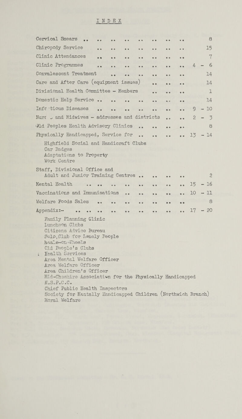 INDEX Cervical Smears .. .. .. 8 Chiropody Service .. .. .. 15 Clinic Attendances . % .. .. . 7 Clinic Programmes . .. .. ,. 4-6 Convalescent Treatment ., .. 14 Care and After Care (equipment issues) . 14 Divisional Health Committee - Members . 1 Domestic Help Service. 14 Inf6 'tious Diseases . 9-10 Nurs „ and Midwives - addresses and districts .. .. 2-9 >ild Peoples Health Advisory Clinics .. , .. 8 Physically Handicapped, Service for .. .. ,.19-14 Highfield Social and Handicraft Clubs Car Ba.dges Adaptations to Property Work Centre Staff, Divisional Office and Adult ard Junior Training Centres ., ., ., ., 2 Mental Health . 15-16 Vaccinations and Immunisations *. .. .. 10-11 Welfare Foods Sales •• »• ,, 8 Appendix:- ... .. .. 17-20 Family Planning Clinic Luncheon Clubs Citizens Advice Bureau Solo.Club for L®nely People healb-on- Wheels Old People's Clubs i Health Services Area Mental Welfare Officer Area Welfare Officer Area Children's Officer Mid-Cheshire Association for the Physically Handicapped N.S.P.C.C. Chief Public Health Inspectors Society for Mentally Handicapped Children (Northwioh Branch) Moral Welfare