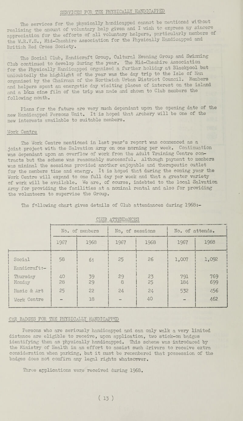 SERVICES FOR THE PHYSICALLY HANDICAPPED The services for the physically handicapped cannot be mentioned without realising the amount of voluntary help given and I wish to express my sincere appreciation for the efforts of all voluntary helpers, particularly members of the W.R.V.S., Mid-Cheshire Association for the Physically Handicapped and British Red Cross Society. The Social Club, Handicraft Group, Cultural Evening Group and Swimming Club continued to develop during the year. The Mid-Cheshire Association for the Physically Handicapped organised a further holiday at Blackpool but undoubtedly the highlight of the year was the day trip to the Isle of Man organised by the Chairman of the Northwich Urban District Council* Members and helpers spent an energetic day visiting places of interest on the is-i-and and a 16mm cine film of the trip was made and shown to Club members the following month. Plans for the future are very much dependant upon the opening date of the new Handicapped Persons Unit. It is hoped that Archery will be one of the new interests available to suitable members. Work Centre The Work Centre mentioned in last year's report was commenced as a joint project with the Salvation Army on one morning per week. Continuation was dependant upon an overflow of work from the Adult Training Centre con¬ tracts but the scheme was reasonably successful. Although payment to members was minimal the sessions provided another enjoyable and therapeutic outlet for the members time and energy. It is hoped that during the coming year the Work Centre will expand to one full day per week and that a greater variety of work will be available. We are, of course, indebted to the local Salvation Army for providing the facilities at a nominal rental and also for providing the volunteers to supervise the Group. The following chart gives details of Club attendances during 1968:- CLUB ATTENDANCES No. of members No., of sessions No. of attends. 1967 1968 1967 j 1968 1 t 1967 1968 1- | Social i 58 61 \ 25 ! 26 i 1,007 1,092 Thursday Monday Music & Art Work Centre 40 28 25 39 29 22 18 29 8 24 23 25 24 40 791 184 532 769 699 456 462 CAR BADGES FOR THE PHYSICaLLY HANDICAPPED Persons who are seriously handicapped and can only walk a very limited distance are eligible to receive, upon application, two stick-on badges identifying them as physically handicapped. This scheme was introduced by the Ministry of Health in an effort to assist such drivers to receive extra consideration when parking, but it must be remembered that possession of the badges does not confirm any legal rights whatsoever. Three applications were received during 1968.