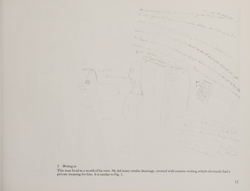 ' r' • : t O 3 Writing in This man lived in a world of his own. He did many similar drawings, covered with esoteric writing which obviously had a private meaning for him. It is similar to Fig. 1.