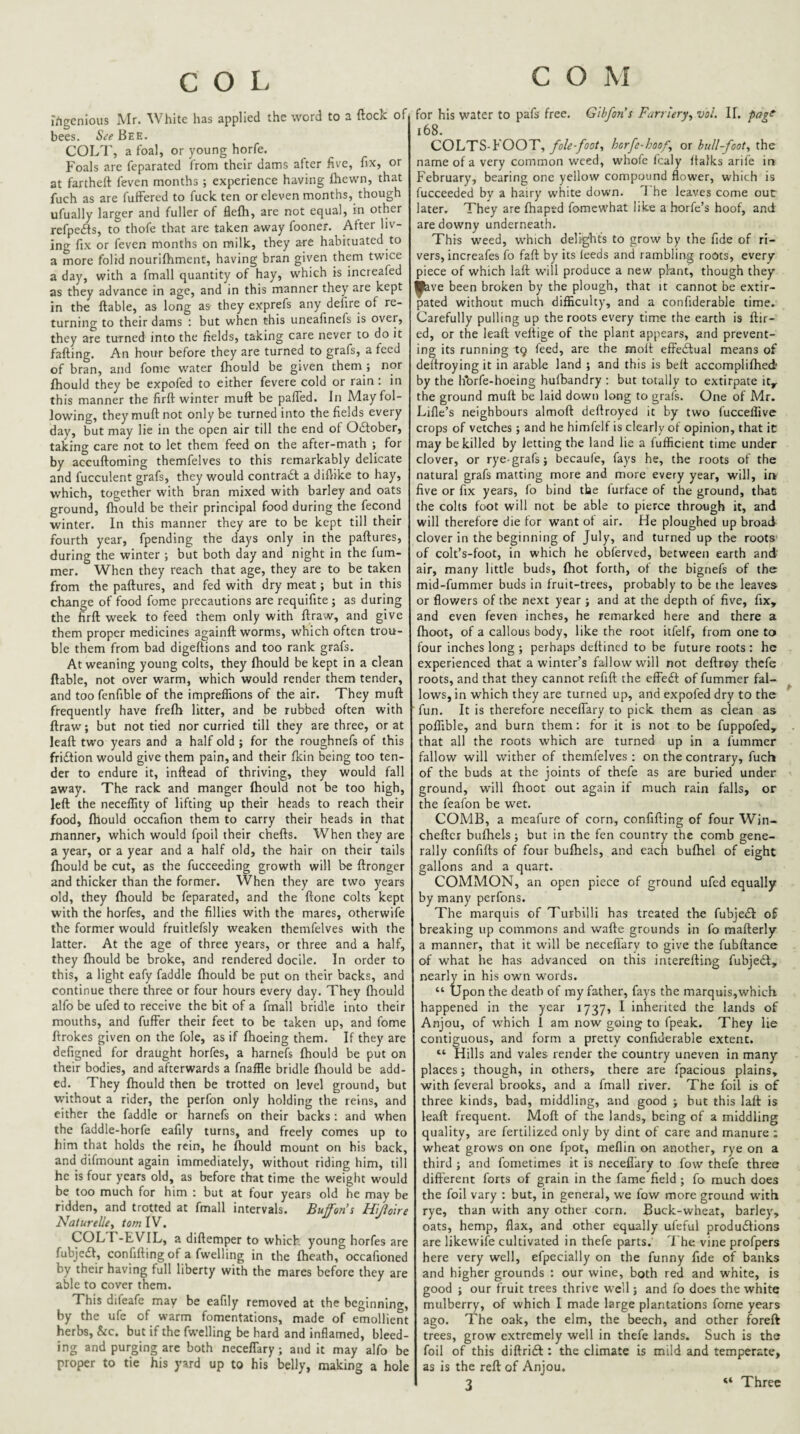 irtgcnious Mr. White has applied the word to a ftock of bees. See Bee. COLl', a foal, or young horfe. Foals are feparated from their dams alter five, fix, or at fartheft feven months ; experience having fhewn, that fuch as are fuffered to fuclc ten or eleven months, though ufually larger and fuller of flefh, are not equal, in other refpefls, to thofe that are taken away fooner. After liv¬ ing fix or feven months on milk, they are habituated to a more folid nourifhment, having bran given them twice a day, with a fmall quantity of hay, which is increafed as they advance in age, and in this manner they are kept in the ftable, as long as they exprefs any defire of re¬ turning to their dams : but when this uneafinefs is over, they are turned into the fields, taking care never to do it falling. An hour before they are turned to grafs, a feed of bran, and fome water fhould be given them ; nor Ihould they be expofed to either fevere cold or rain: in this manner the firft winter mull be pafled. In May fol¬ lowing, they mull not only be turned into the fields every day, but may lie in the open air till the end of Odlober, taking care not to let them feed on the after-math ; for by acculloming themfelves to this remarkably delicate and fucculent grafs, they would contradl a difiike to hay, which, together with bran mixed with barley and oats ground, Ihould be their principal food during the fecond winter. In this manner they are to be kept till their fourth year, fpending the days only in the pallures, during the winter ; but both day and night in the fum- mer. When they reach that age, they are to be taken from the pallures, and fed with dry meat; but in this change of food fome precautions are requifite; as during the firll week to feed them only with ftraw, and give them proper medicines againll worms, which often trou¬ ble them from bad digellions and too rank grafs. At weaning young colts, they Ihould be kept in a clean liable, not over warm, which would render them tender, and too fenfible of the impreffions of the air. They mull frequently have frelh litter, and be rubbed often with ftraw; but not tied nor curried till they are three, or at leall two years and a half old ; for the roughnefs of this frittion would give them pain, and their Ikin being too ten¬ der to endure it, inllead of thriving, they would fall away. The rack and manger Ihould not be too high, left the neceffity of lifting up their heads to reach their food, Ihould occafion them to carry their heads in that manner, which would fpoil their chells. When they are a year, or a year and a half old, the hair on their tails Ihould be cut, as the fucceeding growth will be ftronger and thicker than the former. When they are two years old, they Ihould be feparated, and the Hone colts kept with the horfes, and the fillies with the mares, otherwife the former would fruitlefsly weaken themfelves with the latter. At the age of three years, or three and a half, they fhould be broke, and rendered docile. In order to this, a light eafy faddle fhould be put on their backs, and continue there three or four hours every day. They fhould alfo be ufed to receive the bit of a fmall bridle into their mouths, and fuffer their feet to be taken up, and fome flrokes given on the foie, as if fhoeing them. If they are defigned for draught horfes, a harnefs fhould be put on their bodies, and afterwards a fnaffle bridle fhould be add¬ ed. They fhould then be trotted on level ground, but without a rider, the perfon only holding the reins, and either the faddle or harnefs on their backs; and when the faddle-horfe eafily turns, and freely comes up to him that holds the rein, he fhould mount on his back, and difmount again immediately, without riding him, till he is four years old, as before that time the weight would be too much for him : but at four years old he may be ridden, and trotted at fmall intervals. Buffon’s Hiftoire NaturelUy tom IV. COLF-EVIL, a diftemper to which young horfes are fubjea, confifling of a fwelling in the fheath, occafioned by their having full liberty with the mares before they are able to cover them. This difeafe may be eafily removed at the beginning, by the ufe of warm fomentations, made of emollient herbs, &c. but if the fwelling be hard and inflamed, bleed¬ ing and purging are both neceflfary; and it may alfo be proper to tie his yard up to his belly, making a hole for his water to pafs free. Gibfon’s Farriery^ vol. II. pagf i68. COLTS-FOOT,/ole-foot, horfe-hoof^ ox bull-foot^ the name of a very common weed, whole fcaly Italks arife in February, bearing one yellow compound flower, which is fucceeded by a hairy white down. 1 he leaves come out later. They are fhaped fomewhat like a horfc’s hoof, and are downy underneath. This weed, w'hich delict's to grow by the fide of ri¬ vers, increafes fo fall by its feeds and rambling roots, every piece of which laft will produce a new plant, though they Iphve been broken by the plough, that it cannot be extir¬ pated without much difficulty, and a confiderable time. Carefully pulling up the roots every time the earth is hir¬ ed, or the leaft veftige of the plant appears, and prevent¬ ing its running tq feed, are the molt effedlual means of deftroying it in arable land ; and this is belt accomplifhed- by the librfe-hoeing hulbandry : but totally to extirpate it^ the ground muft be laid down long to gralL One of Mr. Lille’s neighbours almofl deflroyed it by two fucceffive crops of vetches; and he himfelf is clearly of opinion, that it may be killed by letting the land lie a fufficient time under clover, or rye-grafs; becaufe, fays he, the roots of the natural grafs matting more and more every year, will, iiv five or fix years, fo bind the furface of the ground, that; the colts foot will not be able to pierce through it, and will therefore die for want of air. He ploughed up broad clover In the beginning of July, and turned up the roots' of colt’s-foot, in which he obferved, between earth and air, many little buds, fhot forth, of the bignefs of the mid-fummer buds in fruit-trees, probably to be the leaves or flowers of the next year ; and at the depth of five, fix, and even feven inches, he remarked here and there a fhoot, of a callous body, like the root itfelf, from one to four inches long; perhaps deflined to be future roots : he experienced that a winter’s fallow will not deftroy thefe roots, and that they cannot refill the efledl of fummer fal¬ lows, in which they are turned up, and expofed dry to the ' fun. It is therefore neceflary to pick them as clean as poffible, and burn them: for it is not to be fuppofed, that all the roots which are turned up in a fummer fallow will wither of themfelves : on the contrary, fuch of the buds at the joints of thefe as are buried under ground, will fhoot out again if much rain falls, or the feafon be wet. COMB, a meafure of corn, confifling of four Win- cheflcr bufhels ; but in the fen country the comb gene¬ rally confifls of four bufhels, and each bufhel of eight gallons and a quart. COMMON, an open piece of ground ufed equally by many perfons. The marquis of Turbilli has treated the fubje<El of breaking up commons and wafle grounds in fo mafterly a manner, that it will be neceflary to give the fubftance of what he has advanced on this interefting fubjedt, nearly in his own words. “ Upon the death of my father, fays the marquis,which happened in the year 1737, I inherited the lands of Anjou, of w'hich 1 am now going to fpeak. They lie contiguous, and form a pretty confiderable extent, “ Hills and vales render the country uneven in many places; though, in others, there are fpacious plains, with feveral brooks, and a fmall river. The foil is of three kinds, bad, middling, and good ; but this laft is leaft frequent. Moft of the lands, being of a middling quality, are fertilized only by dint of care and manure ; wheat grows on one fpot, meflin on another, rye on a third ; and fometimes it is neceflary to fow thefe three dift'erent forts of grain in the fame field ; fo much does the foil vary : but, in general, w'e fow more ground with rye, than with any other corn. Buck-wheat, barley, oats, hemp, flax, and other equally ufeful produdlions are likewife cultivated in thefe parts. The vine profpers here very well, efpecially on the funny fide of banks and higher grounds : our wine, both red and white, is good ; our fruit trees thrive well; and fo does the white mulberry, of which I made large plantations fome years ago. The oak, the elm, the beech, and other foreft trees, grow extremely well in thefe lands. Such is the foil of this diftridl: the climate is mild and temperate, as is the reft of Anjou. Three