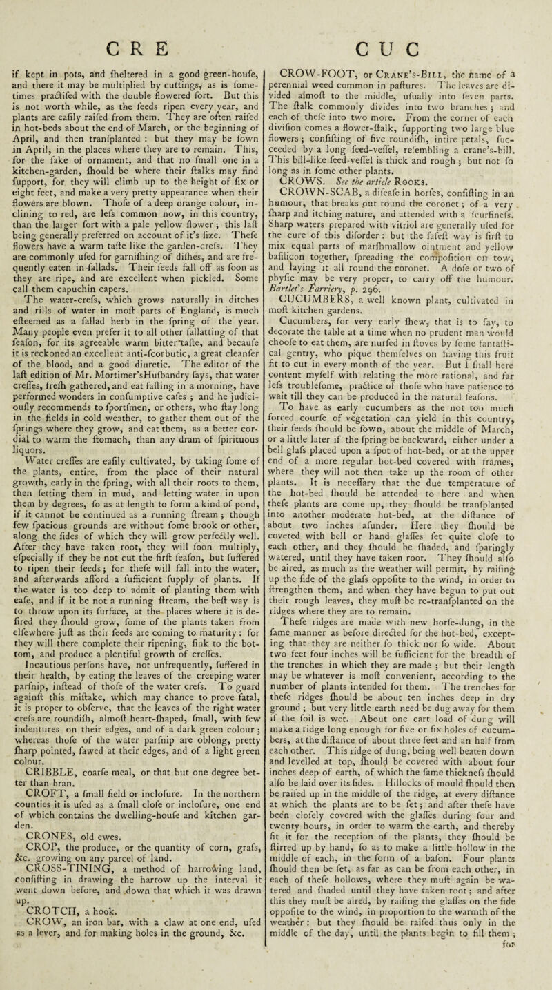 if kept in pots, and ftieltered in a good green-houfe, and there It may be multiplied by cuttings^ as is fome- times pra6tifed with the double flowered fort. But this is not worth while, as the feeds ripen every,year, and plants are eafily raifed from them. They are often raifed in hot-beds about the end of March, or the beginning of April, and then tranfplanted : but they may be fown in April, in the places where they are to remain. This, for the fake of ornament, and that no fmall one in a kitchen-garden, fhould be where their ftalks may find fupport, for they will climb up to the height of fix or eight feet, and make a very pretty appearance when their flowers are blown. Thofe of a deep orange colour, in¬ clining to red, are lefs common now, in this country, than the larger fort with a pale yellow flower ; this laft being generally preferred on account of it’s lize. Thefe flowers have a warm tafte like the garden-crefs. T hey are commonly ufed for garnifhing of difhes, and are fre¬ quently eaten in -fallads. Their feeds fall off as foon as they are ripe, and are excellent when pickled. Some call them capuchin capers. The water-crefs, which grows naturally in ditches and rills of water in moft parts of England, is much efteemed as a fallad herb in the fpring of the year. Many people even prefer it to all other fallatting of that feafon, for its agreeable warm bitter'tafle, and becaufe it is reckoned an excellent anti-fcorbutic, a great cleanfer of the blood, and a good diuretic. The editor of the laft edition of Mr. Mortimer’sHufbandry fays, that water crefles, frefh gathered, and eat fafting in a morning, have performed wonders in confumptive cafes ; and he judici- oufly recommends to fportfmen, or others, who ftay long in the fields in cold weather, to gather them out of the fprings where they grow, and eat them, as a better cor¬ dial to warm the ftomach, than any dram of fpirituous liquors. Water crefTes are eafily cultivated, by taking fome of the plants, entire, from the place of their natural growth, early in the fpring, with all their roots to them, then fetting them in mud, and letting water in upon them by degrees, fo as at length to form a kind of pond, if it cannot be continued as a running ftream ; though few fpacious grounds are without fome brook or other, along the fides of which they will grow perfedly well. After they have taken root, they will foon multiply, efpecially if they be not cut the firft feafon, but fuffered to ripen their feeds; for thefe will fall Into the water, and afterwards afford a fufficient fupply of plants. If the water is too deep to admit of planting them with eafe, and if it be not a running ftream, the beft way is to throw upon its furface, at the places where .it is de- fired they fhould grow, fome of the plants taken from elfewhere juft as their feeds are coming to maturity : for they will there complete their ripening, fink to the bot¬ tom, and produce a plentiful growth of crefles. Incautious perfons have, not unfrequently, fuffered in their health, by eating the leaves of the creeping water parfnip, inftead of thofe of the water crefs. To guard againft this miftake, which may chance to prove fatal, it is proper to obferve, that the leaves of the right water crefs are roundilh, almoft heart-fliaped, fmall, with few indentures on their edges, and of a dark green colour ; whereas thofe of the water parfnip are oblong, pretty fharp pointed, fawed at their edges, and of a light green colour. CRIBBLE, coarfe meal, or that but one degree bet¬ ter than bran. CROET, a fmall field or inclofure. In the northern counties it is ufed as a fmall clofe or inclofure, one end of which contains the dwelling-houfe and kitchen gar¬ den. CRONES, old ewes. CROP, the produce, or the quantity of corn, grafs, &c. growing on any parcel of land. CROSS-TINING, a method of harroMng land, confifting in drawing the harrow up the interval it went down before, and down that which it was drawn up. • * < CROTCH, a hook. CROW, an iron bar, with a claw at one end, ufed as a lever, and for making holes in the ground, 6cc. CROW-FOOT, or Crane’s-Bill, the fiame of 4 perennial weed common in paftures. I'iie leaves are di¬ vided almoft to the middle, ufually into feven parts. The ftalk commonly divides into two branches; and each of thefe into two more. Erom the corner of each divifion comes a flower-ftalk, fupporting two large blue flowers ; confifting of five roundilh, intire petals, fuc- ceeded by a long feed-veffel, re.'embling a crane’s-bill. This bill-like feed-veffel is thick and rough ; but not fo long as in fome other plants. CROWS. See the article Rooks. CROWN-SCAB, a difeafe in horfes, confifting in an humour, that breaks pat round tlte coronet; of a very fharp and itching nature, and attended with a feurfinefs. Sharp waters prepared with vitriol are generally ufed for the cure of this diforder ; but the fafeft way is firft to mix equal parts of marfhmallow ointment and yellow bafilicon together, fpreading the corripofition on tow, and laying it all round the coronet. A dofe or two of phyfic may be very proper, to carry off the humour. Bartlefs Farriery, p, 296. CUCUMBERS, a well known plant, cultivated in moft kitchen gardens. Cucumbers, for very early fhew, that is to fay, to decorate the table at a time when no prudent man would choofe to eat them, are nurfed in ftoves by fome fantafti- cal gentry, who pique themfelves on having this fruit fit to cut in every month of the year. But 1 fnall here content myfelf with relating the more rational, and far lefs troublefome, pradlice of thofe who have patience to wait till they can be produced in the natural feafons. To have as early cucumbers as the not too much forced courfe of vegetation can yield in this country, their feeds fhould be fown, about the middle of March, or a little later if the fpring be backward, either under a bell glafs placed upon a fput of hot-bed, or at the upper end of a more regular hot-bed covered with frames, where they will not then take up the room of other plants. It is necefTary that the due temperature of the hot-bed fhould be attended to here and when thefe plants are come up, they fhould be tranfplanted into another moderate hot-bed, at the diftance of about two inches afunder. Here they fhould be covered with bell or hand glafles fet quite clofe to each other, and they fhould be fliaded, and fparingly watered, until they have taken root. They fhould alfo be aired, as much as the weather will permit, by raifing up the fide of the glafs oppofite to the wind, in order to ftrengthen them, and when they have begun to put out their rough leaves, they muff; be re-tranfplanted on the ridges where they are to remain. Thefe ridges are made with new horfe-dung, in the fame manner as before diredled for the hot-bed, except¬ ing that they are neither fo thick nor fo wide. About two feet four inches will be fufficient for the breadth of the trenches in which they are made ; but their length may be whatever is moft convenient, according to the number of plants intended for them. The trenches for thefe ridges fhould be about ten inches deep in dry- ground ; but very little earth need be dug away for them if the foil is wet. About one cart load of dung will make a ridge long enough for five or fix holes of cucum¬ bers, at the diftance of about three feet and an half from each other. This ridge of dung, being well beaten down and levelled at top, fhould be covered with about four inches deep of earth, of which the fame thicknefs fhould alfo be laid over its fides. Hillocks of mould fhould then be raifed up in the middle of the ridge, at every diftance at which the plants are to be fet; and after thefe have bee'n clofely covered with the glafles during four and twenty hours, in order to warm the earth, and thereby fit it for the reception of the plants, they fhould be ftirred up by hand, fo as to make a little hollow in the middle of each, in the form of a bafon. Four plants fhould then be fet, as far as can be from each other, in each of thefe hollows, where they muft again be wa¬ tered and fhaded until they have taken root; and after this they muft be aired, by raifing the glafles on the fide oppofite to the wind, in proportion to the warmth of the weather : but they fhould be raifed thus only in the middle of the day, until the plants begin to fill them ; for