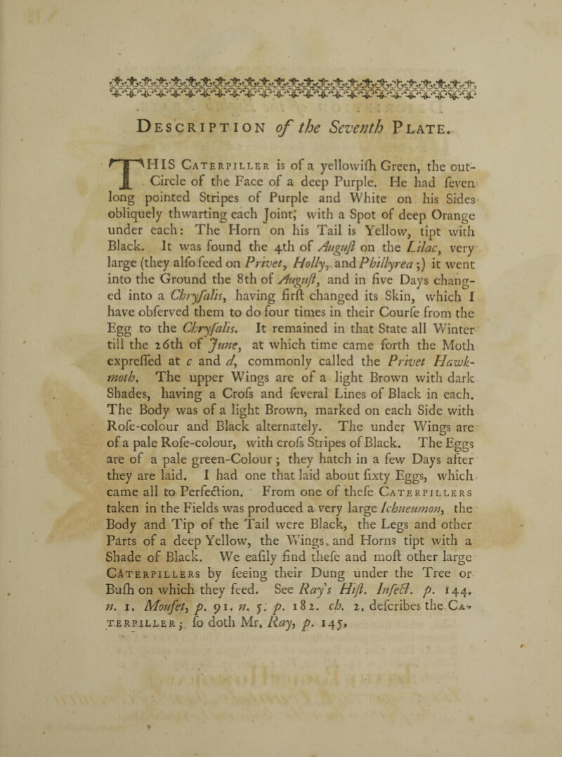 HIS Caterpiller is of a yellowifh Green, the out- J[ Circle of the Face of a deep Purple. He had feven long pointed Stripes of Purple and White on his Sides' obliquely thwarting each Joint,' with a Spot of deep Orange under each: The Horn on his Tail is Yellow, tipt with Black. It was found the 4th of Augufl on the Lilac, very large (they alfofeed on Privet, Hollyy.&n&Phillyrea ;) it went into the Ground the 8th of Auguft, and in five Days chang¬ ed into a Chryfalis, having firft changed its Skin, which I have obferved them to do four times in their Courfe from the Egg to the Chryfalis. It remained in that State all Winter till the 26th of June, at which time came forth the Moth exprefled at c and d\ commonly called the Privet Hawk- moth. The upper Wings are of a light Brown with dark Shades, having a Crofs and feveral Lines of Black in each. The Body was of a light Brown, marked on each Side with Rofe-colour and Black alternately. The under Wings are of a pale Rofe-colour, with crofs Stripes of Black. The Eggs are of a pale green-Colour ; they hatch in a few Days after they are laid. I had one that laid about fixty Eggs, which. came all to Perfe&ion. From one of thefe Caterpillers taken in the Fields was produced a very large Ichneumon, the Body and Tip of the Tail were Black, the Legs and other Parts of a deep Yellow, the Wings, and Horns tipt with a Shade of Black. We eafily find thefe and moft other large Caterpillers by feeing their. Dung under the Tree or Bufh on which they feed. See Rays Hijl. InfeB. p. 144. n. 1. Moufet, p. 91. n. y; p. 182. ch. 2, defcribes the Ca^ t.erpiller,- fo doth Mr, Ray, p. 145,
