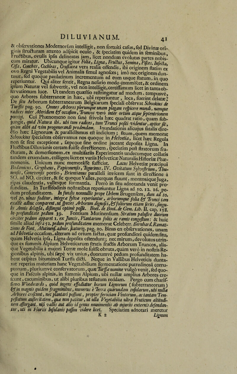 & obfervationes Modernorum intelligit, non fortuiti cafus,fed Divinae ori- einisftruftuiam attento adfpicit oculo, & fpeciatim quidem in feminibus Iruftibus, ovulis ipfis delineatas jam, licet nondum evolutas partes nobis* cum miratur. Ubicunque igitur Folia, Ligna, Fructus, Semina, Pilees, Meda, OJjd, Conchas, Cochleas, Cruftacea vera realia offendis, ibi originem ftatim ex ovo Regni Vegetabilis vel Animalis fimul agnofees; imo nec originem dun taxat, fed quoquepaulatinum incrementum ad eum usque ftatum, in quo reperiuntur. Qui aliter fentit, Regna nefario modo commifcet, & ordinem ipfum Naturae vel fubvertit, vel non intelligit,certiflimum licet in tantaob- fervationum luce. Ut tandem quaeftio reftringatur ad modum, tempusve, quo Arbores fubterraneae in haec, ubi reperiuntur , loca, fuerint delatae? De fitu Arborum fubterranearum Belgicarum fpeciali obfervat Schookius de Tmffis pag. 90. Omnes Arbores plerumque unam plagam rejpicere mundi, namque radices inter Aderidiem o occafum, Truncos vero inter ortum atque Jeptentrionem porrigi. Cui Phaenomeno non fane frivola haec quadrat ratio, quam fub- jungit,quod Natura ibi, ubi tum radices, tum Trunci pojiti ‘videntur, aptior (it, quam alibi ad vim progenerandi prodendam. Inundationis alicujus fatalis dire- fbo haec Lignorum & parallelismus efl indicium ; fitum,quem memorat Scboockius fpecialem obfervamus nos quoque in Helvetia, licet haec Regula non fit fine exceptione , faepeque fine ordine jaceant depolita Ligna. In Fluftibus Diluvianis certam fuiffe direftionem, fpeciatim poft liratorum fra- fturam, & demerfionem.ex multifariis Experimentis undecumque collatis tandem eruendam, colligere licet ex variis Helveticae Naturalis Hiftoriae Phae¬ nomenis. Unicum nunc memoraffe fufficiat. Lacus Helvetiae praecipui Endemicus, Gryph&us, Papiconehfis, Tigurinus, IV. Civitatum Sylveftrium, Tbu- nenfis, Genevenfis portio, Brientianus paralleli invicem funt in direftione a SO. ad NO. circiter, & fic quoque Valles, perquas fluunt, montosaquejuga, ripas claudentia, vallesque formantia. Porro in fitu adnotanda venit pro¬ funditas. In Turffifodinis noftratibus reperiuntur Ligna ad 10.12. 16.pe¬ dum profunditatem. In fundis nonnullis prope Urbem Brugenfem, dum ad io. vel 20. ulnas foditur, integra fylvrt reperiuntur, arborumque folia & Trunci tam exade adhuc comparent,ut Jpecw Arborum digno fci,&foliorum etiam feries, fingu- lis Annis delapfa, diflingui optime poffit. Boet, de Boot. de Gem. Lib. II. cap. ilg. fn-profunditate pedum 39. Fontium Mutinenfium Stratum paluflre duorum circiter pedum apparet 1. ex Juncis, Plantarum foliis ac ramis congeftum: & huic fimile aliud infra 5 2. pedum profunditatem memorat Celeberr. Bernhard.Ramaz- linus de Font. Adutinenf.admir.fcaturig. pag. 20. Binas en obfervationes, unam ad Helvetia occafum, alteram ad ortum faftas,quae profundiori quidem fitu, quam Helvetia ipfa, Ligna depofita oftendunt; nec mirum, devolutos utrin- que ex fummis Alpium Helveticarum ftratis fraftis Arborum Truncos, alia¬ que Vegetabilia a majori Terrae mole fuiffe obruta, quam vero in noftris Re¬ gionibus alpinis, ubi faepe vix unius, duorumve pedum profunditatem ha¬ bent cefpites bituminofi Turffa difti. Neque in Vallibus Helveticis dunta- xat reperias materiam hanc Vegetabilium fermentatione putredinosa corru¬ ptorum , plurium ve confervatorum, quae Turff<e nomine vulgo venit, fed quo¬ que in Pafcuis alpinis, in fummis Alpium, ubi nullae amplius Arbores cre- icunt, cacuminibus, ut alibi pluribus teftatum reddam. Pergo cumcharif- funo Woodwardo , quod ingens effodiatur horum Lignorum (fubterran eorum ) &Tin magnis quidem fragminibus, numerus e Terra quarundam infularum, ubi nulU Arbores crefcunt, nec plantari poffunt, propter ferociam Ventorum, ac tantam Tem¬ pe flatum aufteritatem, qu£ non patitur, ut ulla Vegetabilia ultra Fruticum altitudi¬ nem affurgant, nifi vallis aut aliis id genus munimentis ab injuriis externis defendan¬ tur, uti in Hortis Infulanis pajfim videre licet. Speciatim adnotari meretur K 2 Lignum