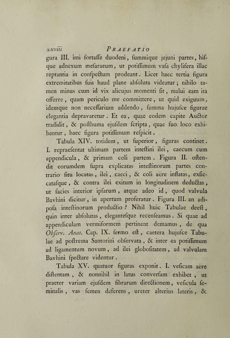 gura III. imi fortaffe duocleni, fummique jejuni partes, hif- que adnexum melaraeum, ut potiffimum vafa chylifera illae reptantia in confpe&um prodeant. Licet haec tertia figura extremitatibus luis haud plane abfoluta videatur ; nihilo ta¬ men minus cum id vix alicujus momenti fit, malui eam ita offerre , quam periculo me committere , ut quid exiguum, idemque non neceffarium addendo, fumma hujufce figurae elegantia depravaretur . Et ea, quae eodem capite Au&or tradidit, & pofihuma ejufdem (cripta , quae fuo loco exhi¬ bentur , haec figura potiffimum refpicit, Tabula XIV. totidem , ut fuperior, figuras continet. I. repraefentat ultimam partem inteftini ilei, caecum cum appendicula, & primam coli partem . Figura II. often- dit eorumdem fupra explicatas inteffinorum partes con¬ trario fitu locatas , ilei, caeci, & coli aere inflatas, exfic- catafque , & contra ilei exitum in longitudinem dedu&as, ut facies interior ipfarum, atque adeo id , quod valvula Bavhini dicitur, in apertum proferatur . Figura III. an adi- pofa inteffinorum produftio ? Nihil huic Tabulae deeff, quin inter abfolutas , elegantefque recenfeamus. Si quae ad appendiculam vermiformem pertinent demamus , de qua Obferv. Anat. Cap. IX. fermo eft, caetera hujufce Tabu¬ lae ad poftrema Santorini obfervata , & inter ea potiffimum ad ligamentum novum , ad ilei globofitatem, ad valvulam Bavhini fpe&are videntur . Tabula XV. quatuor figuras exponit. I. veficam aere diftentam , & nonnihil in latus converfam exhibet , ut praeter variam ejufdem fibrarum dire&ionem, veficula fe¬ minalis , vas femen deferens , ureter alterius lateris, &